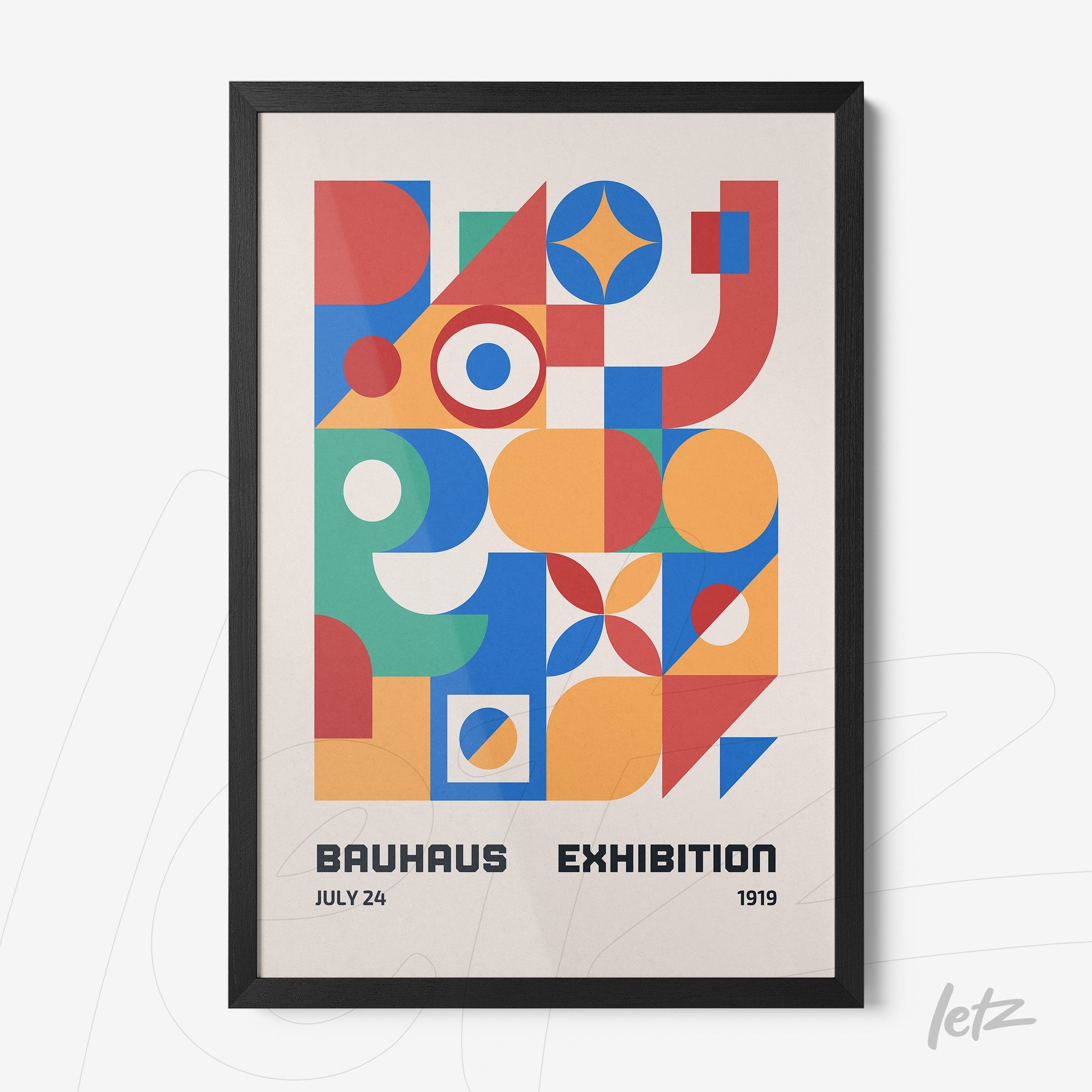 poster with geometric design of colored shapes in thin black frame