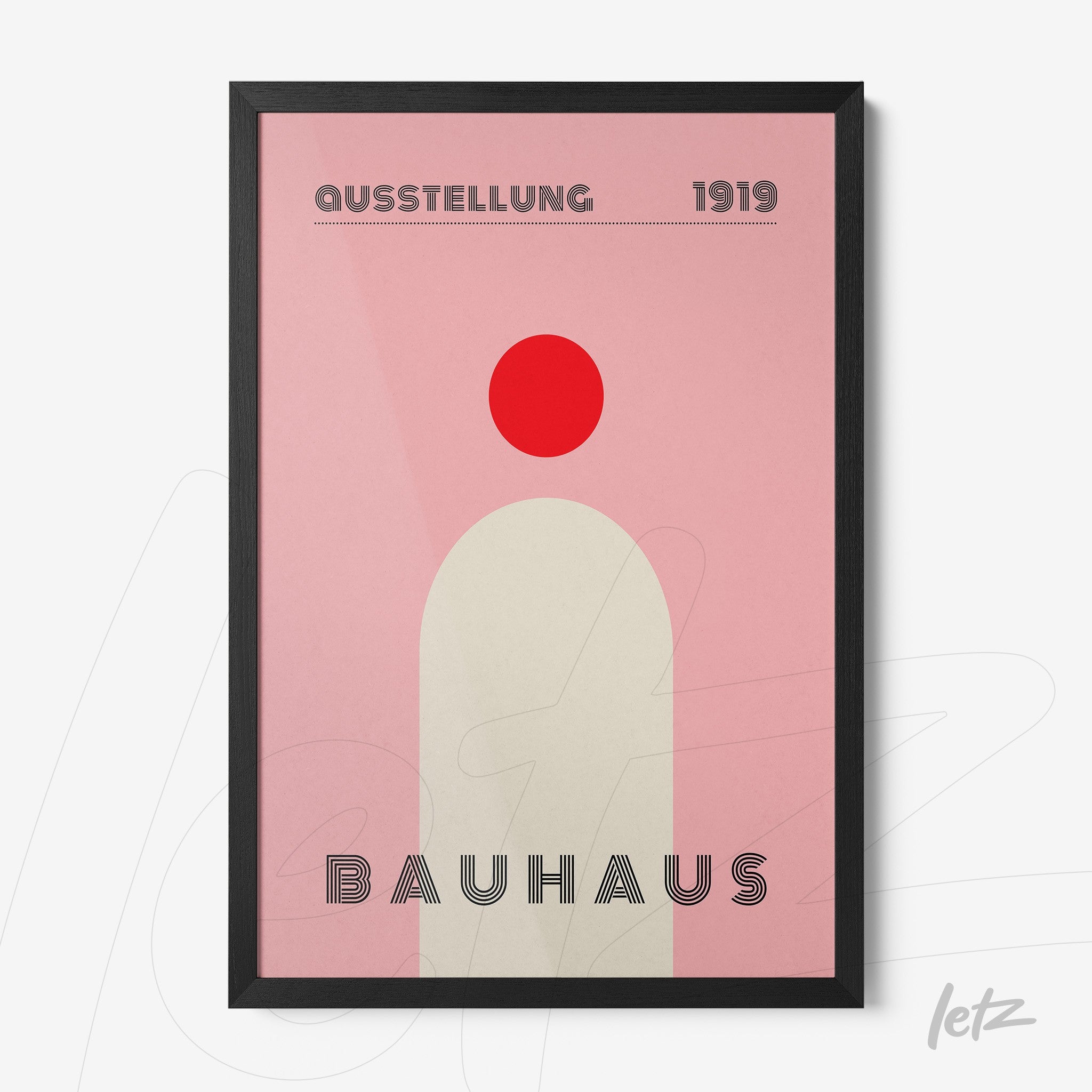Bauhaus style poster print with simple geometric shapes in black frame