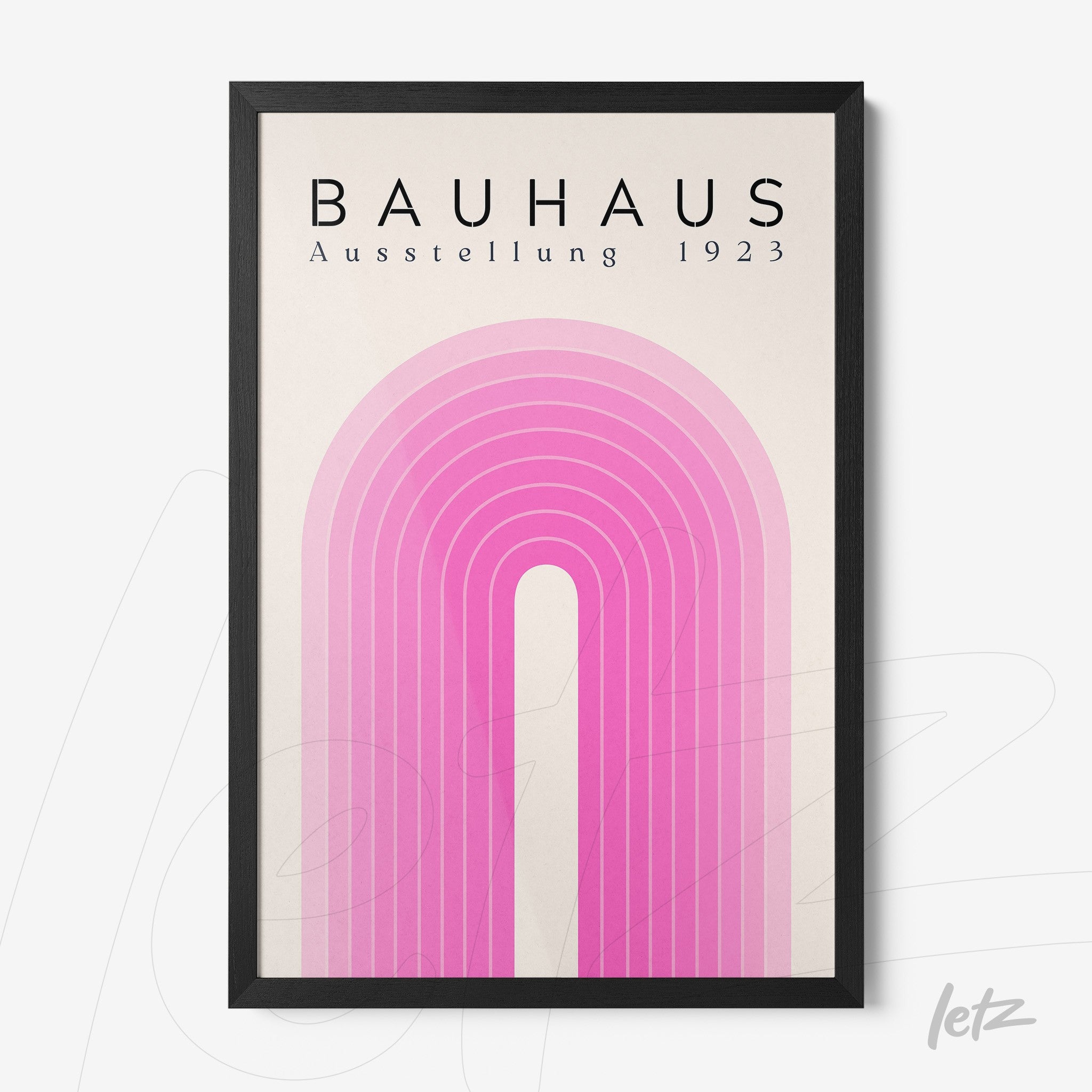 poster featuring pink geometric design and bauhaus ausstellung 1923 inscription in black frame