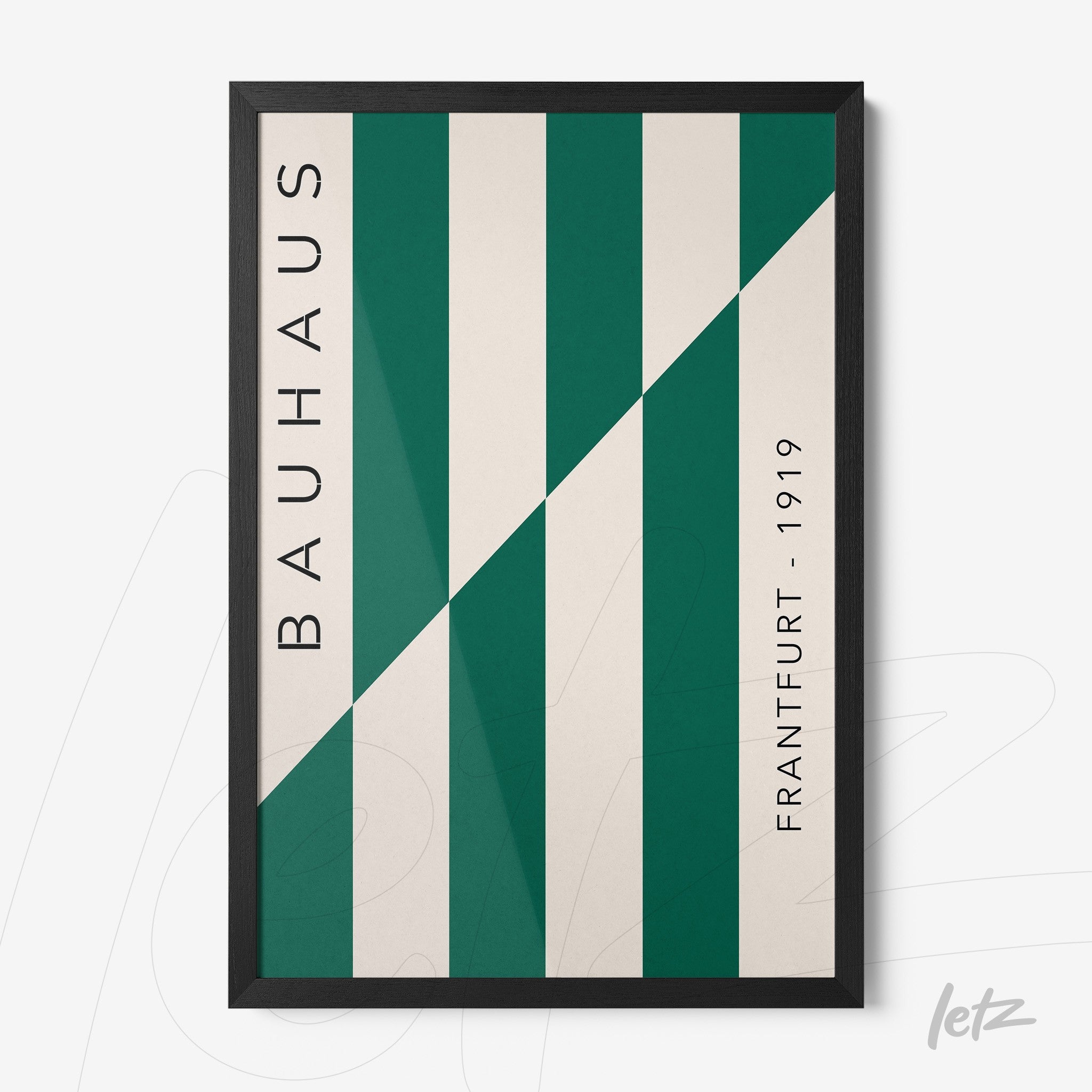 framed wall art with modern geometric illustration in Bauhaus style featuring vertical green stripes and thin black frame
