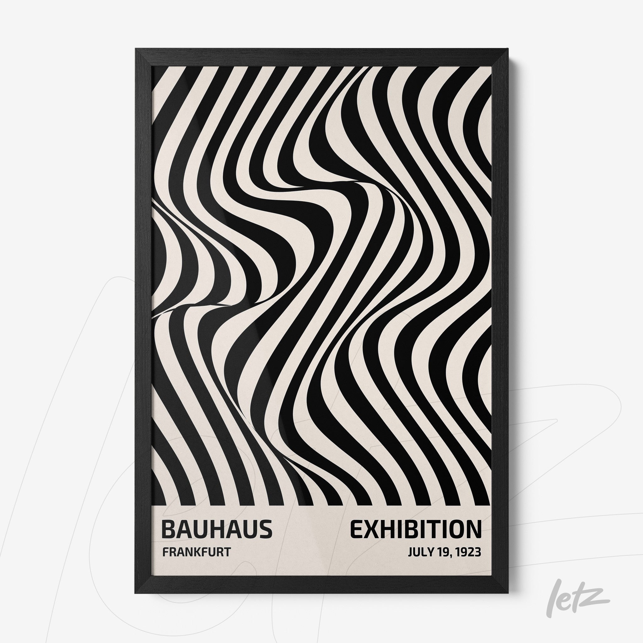 black and white abstract art poster with wavy pattern in a thin black frame