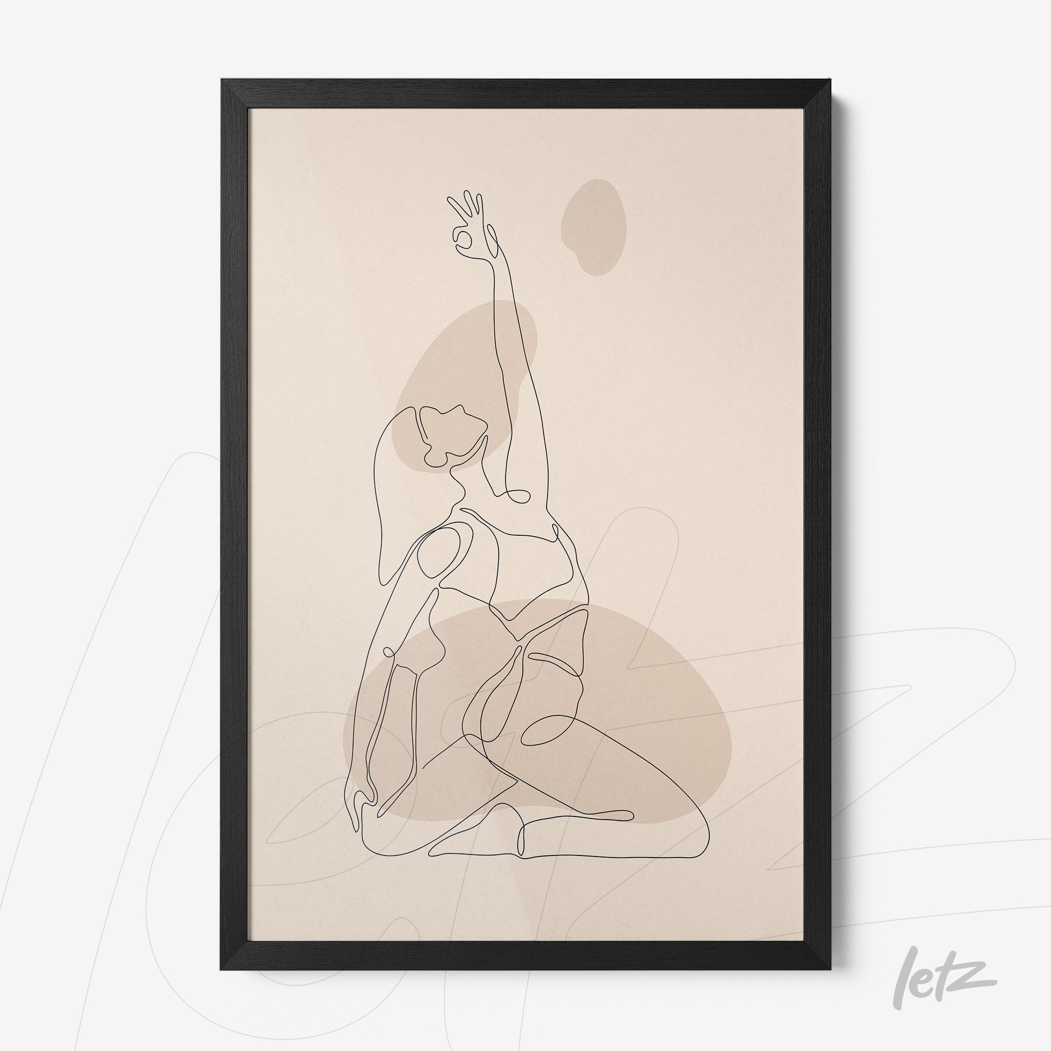 minimal line art of a female figure in a yoga pose with black frame on beige background