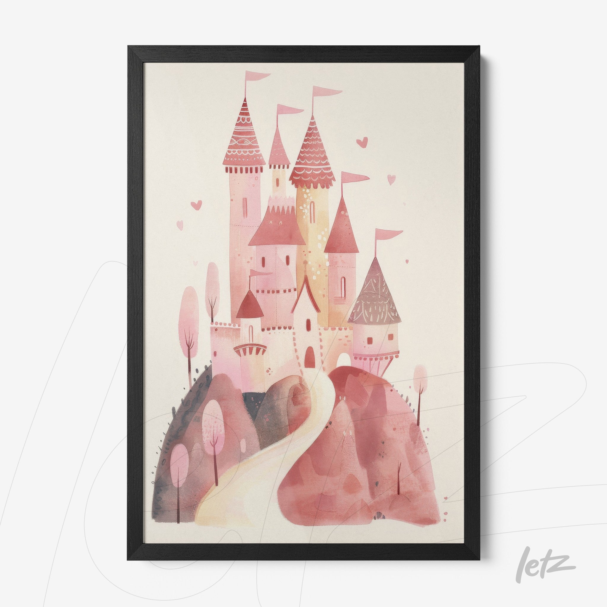 framed artwork of a pink castle with towers and flags on a whimsical landscape