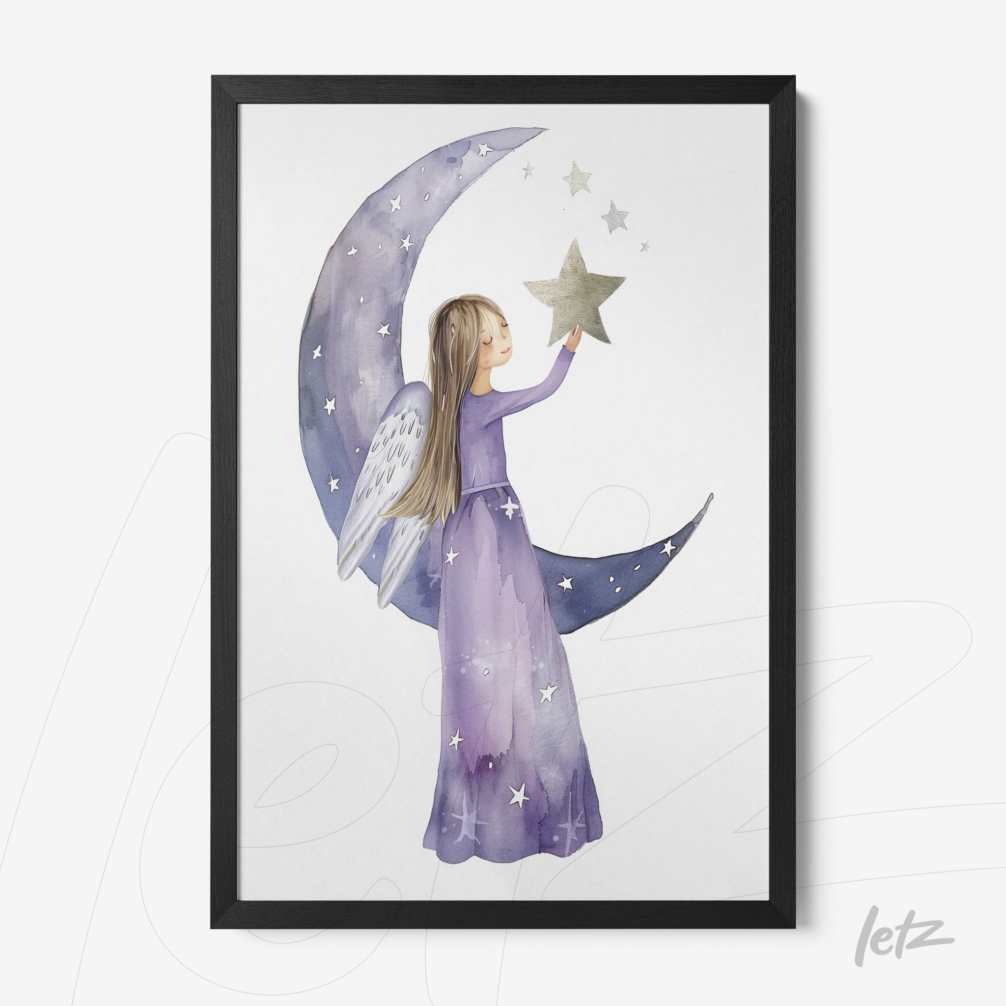 framed art of a girl in a lilac dress holding a star with wings, leaning on a crescent moon