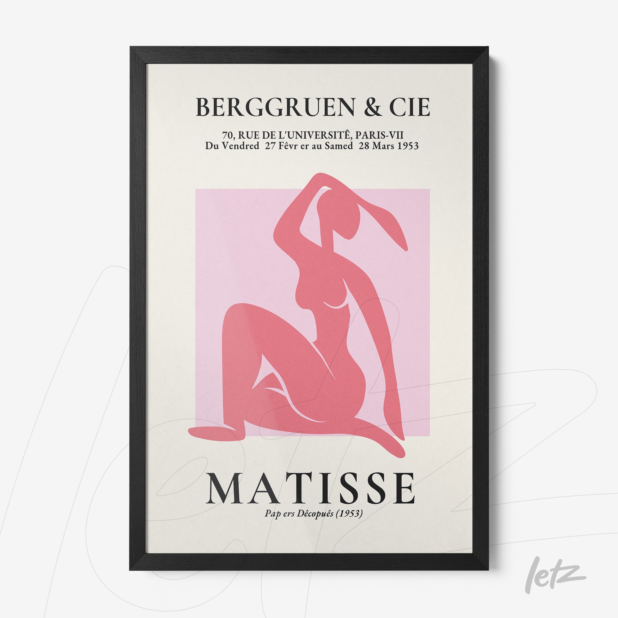 framed art piece featuring a stylized figure in pink and beige tones, with a black frame