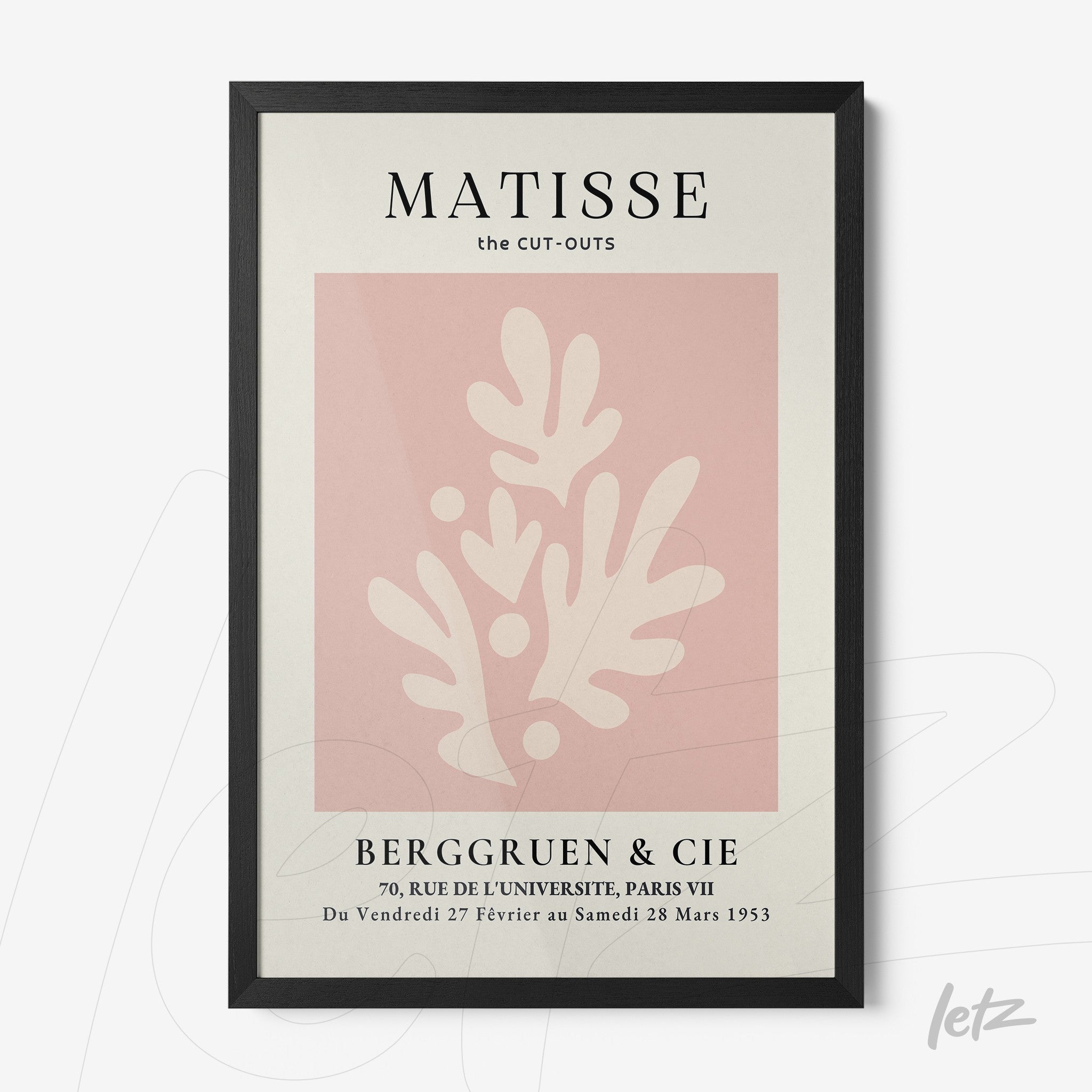 framed artwork featuring stylized shapes on light pink background with black frame