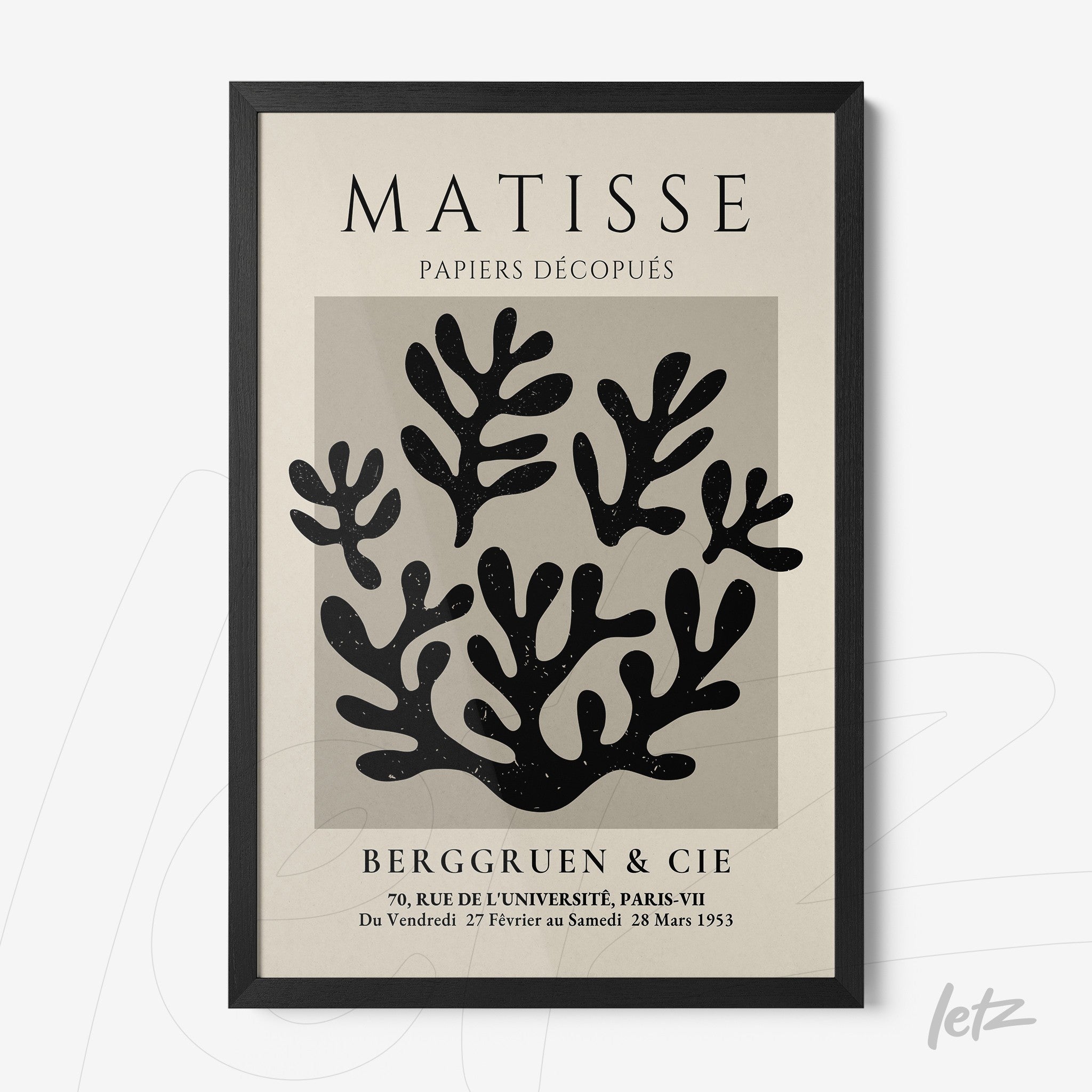 decorative framed art print of Matisse cutouts featuring organic shapes in black on a light background