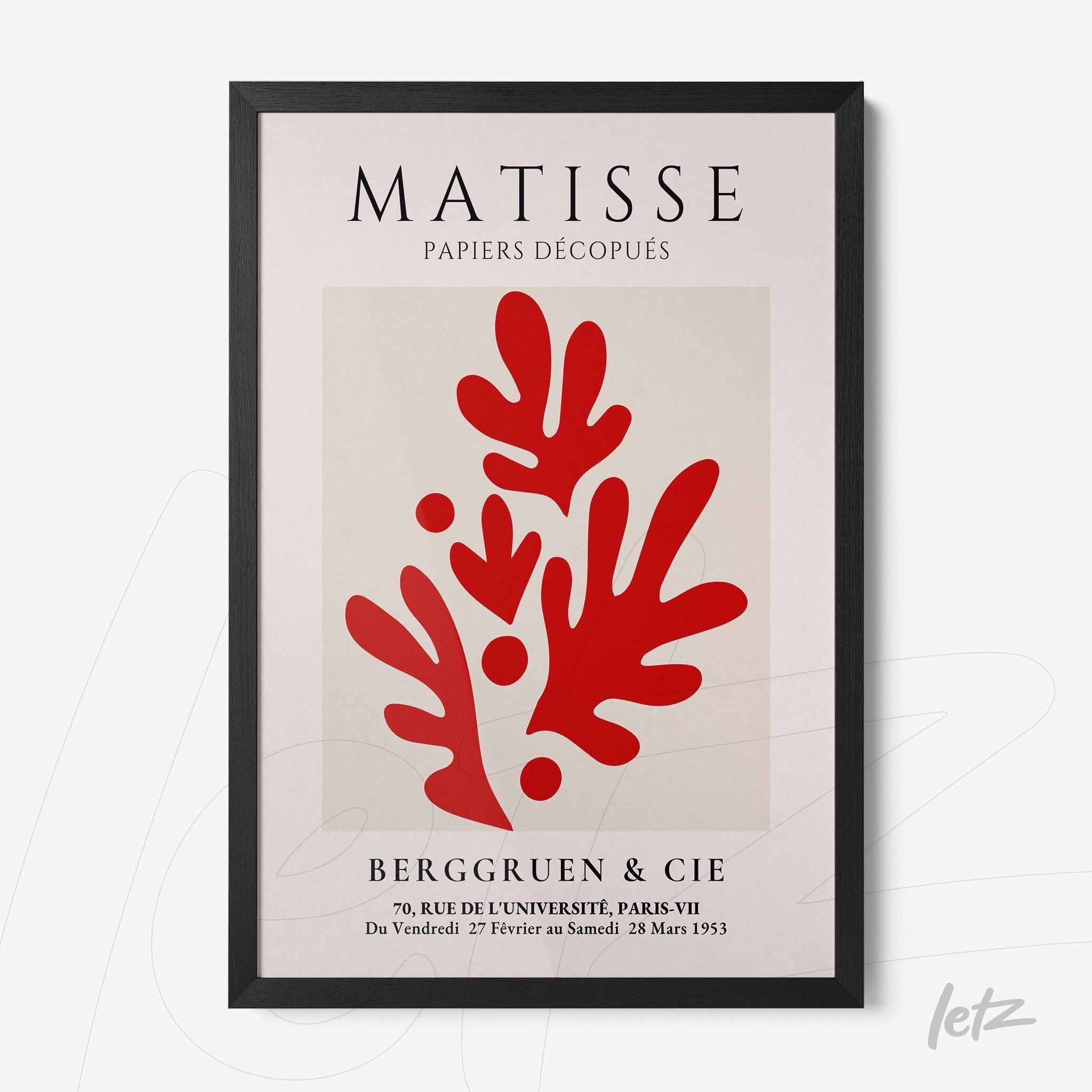framed art print inspired by henri matisse featuring red abstract paper cut shapes on light background with black frame