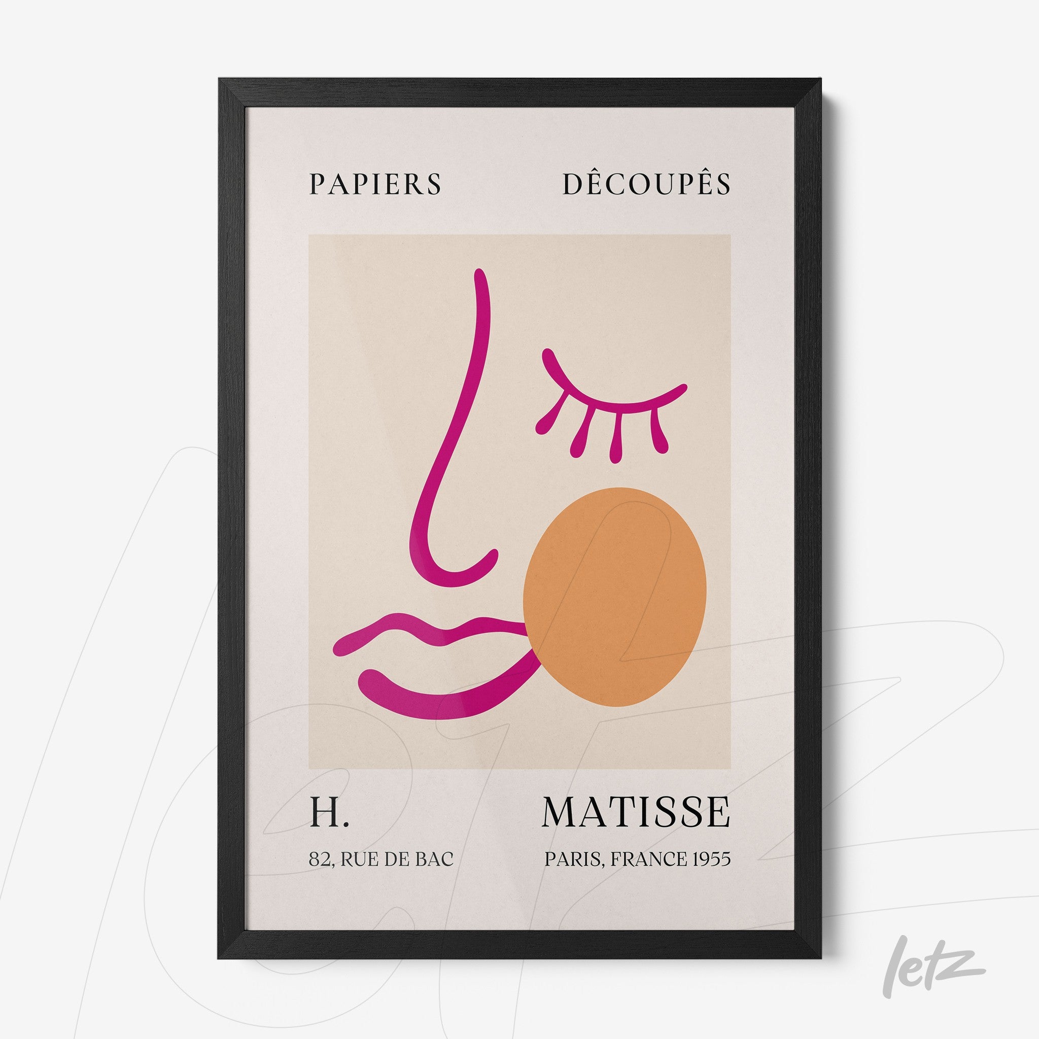 framed modern line art featuring stylized faces on light background with pink and orange details