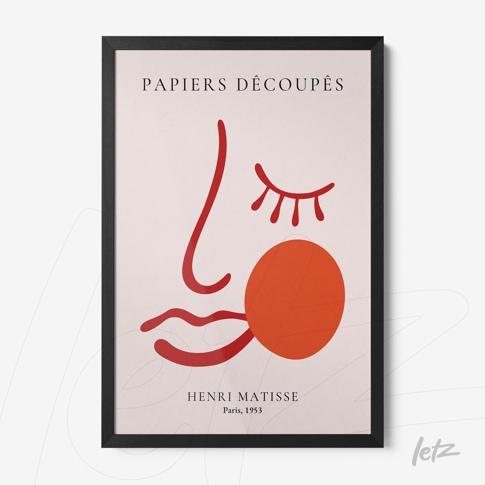 minimalist art print of a face in red and pink tones with black frame