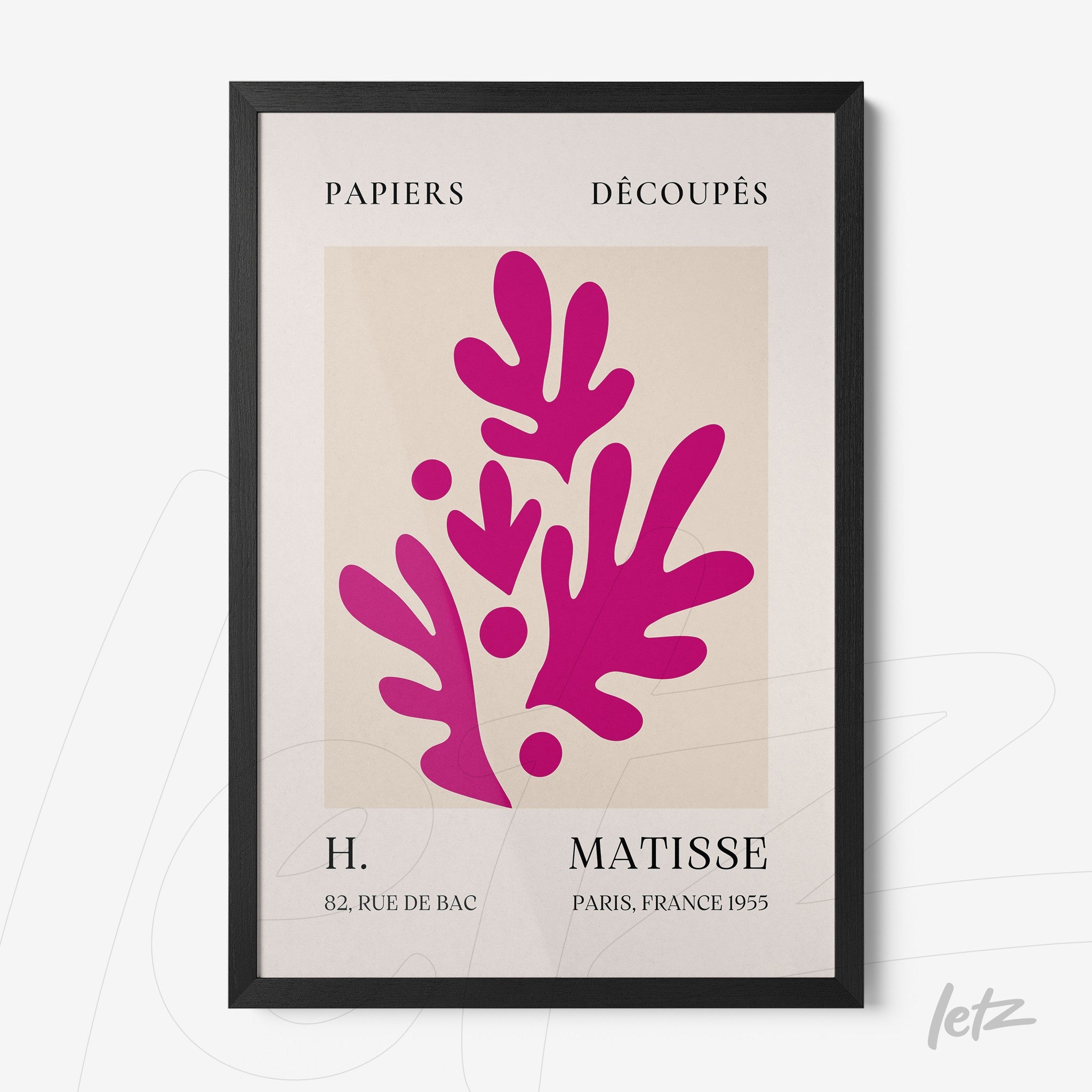 framed modern art featuring abstract pink shapes on a light background with typography