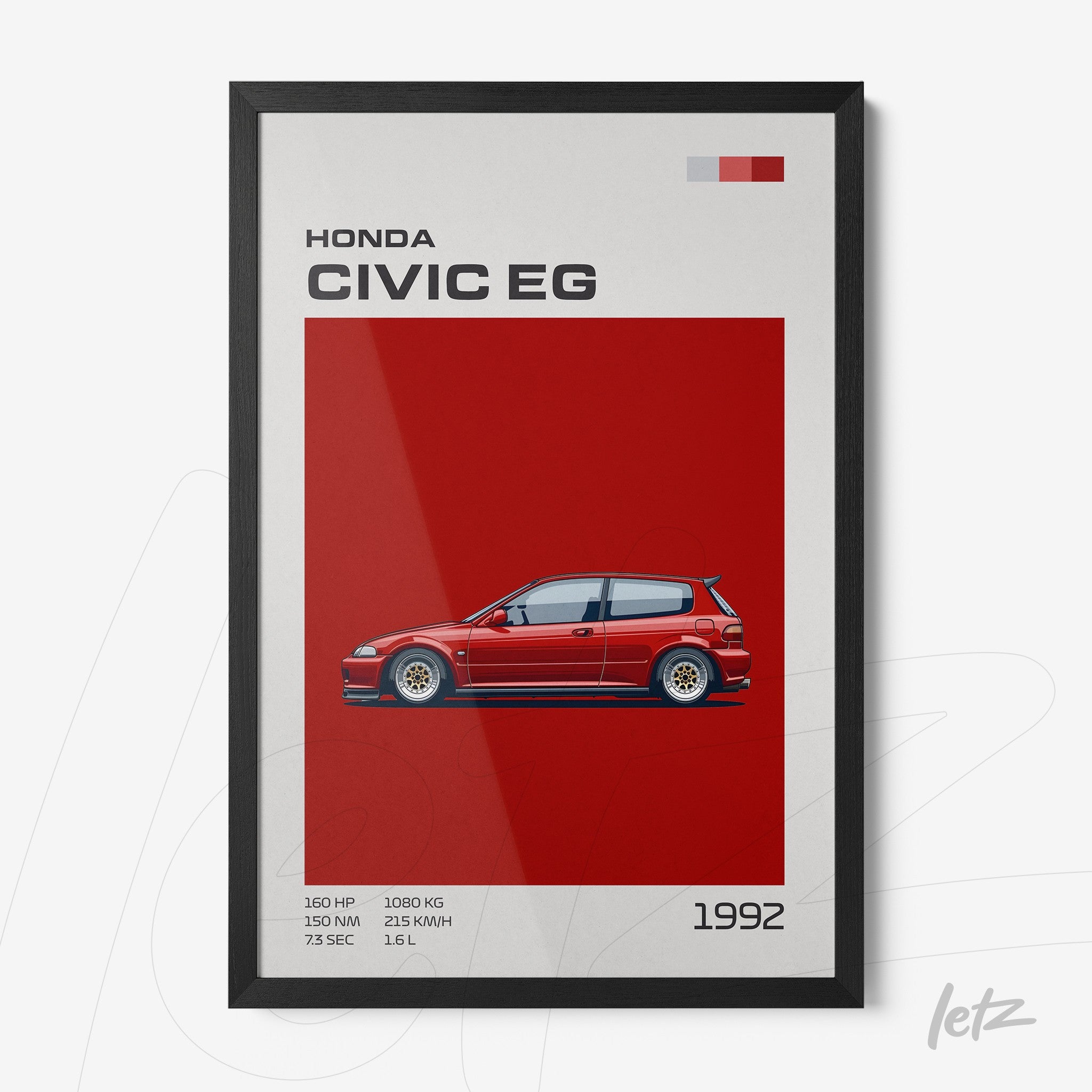 framed digital art of a red Honda Civic EG car on red background with black frame