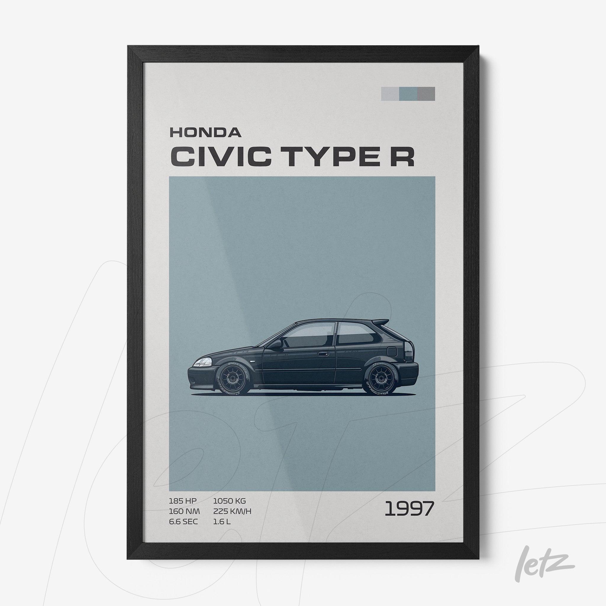 framed wall art featuring a graphic illustration of the 1997 Honda Civic Type R in a black frame