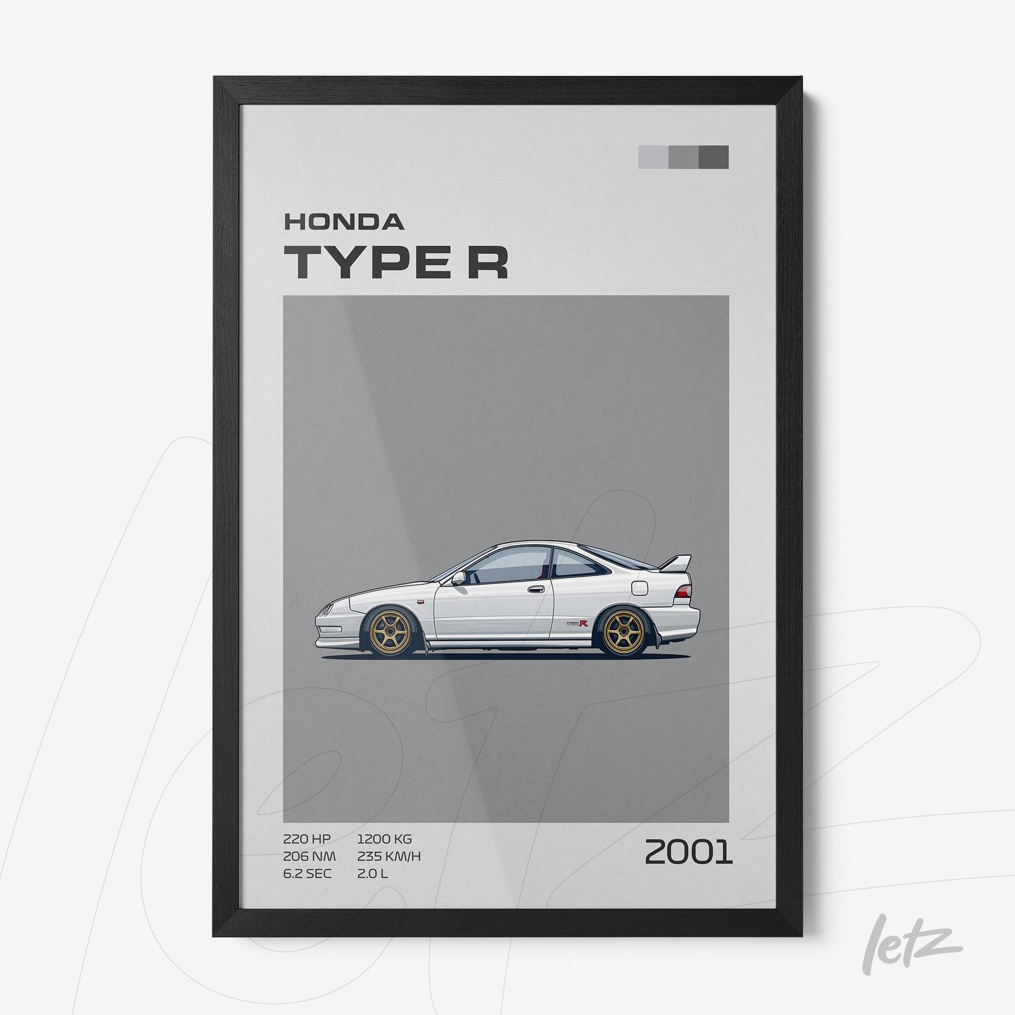 framed wall art featuring a digital illustration of a 2001 Honda Type R with a black frame