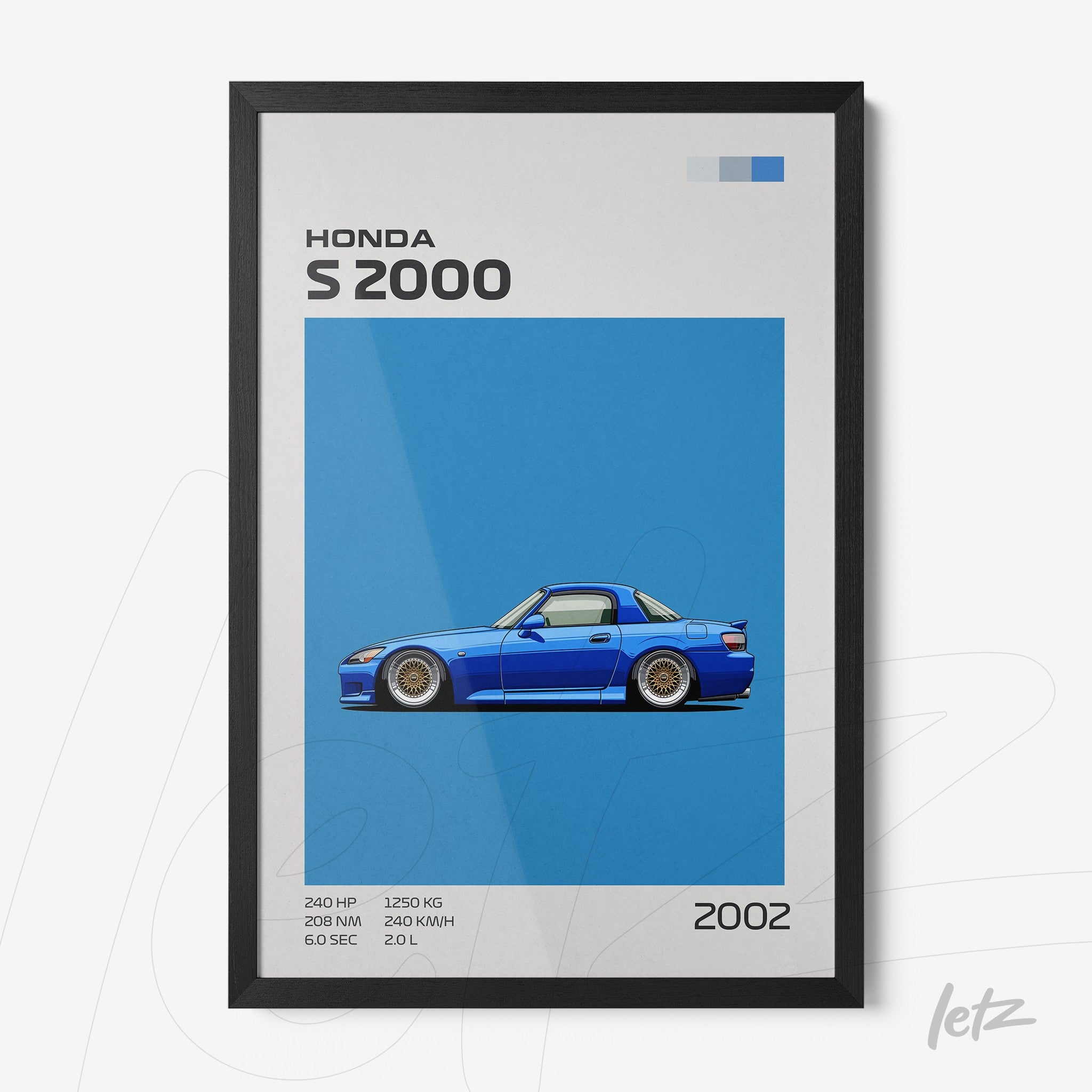 framed illustration of a Honda S2000 car on blue background with black frame