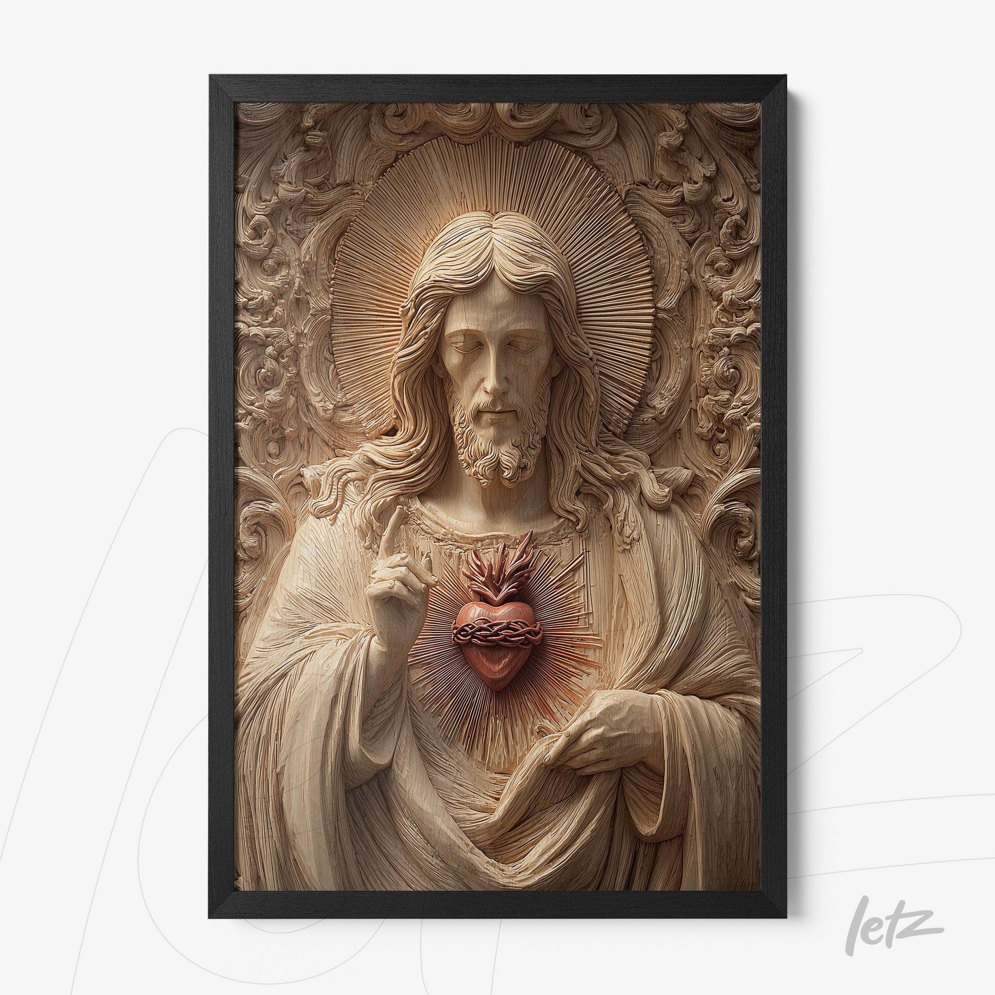 framed wall art featuring sacred relief sculpture of Jesus with sacred heart, framed in a sleek black frame