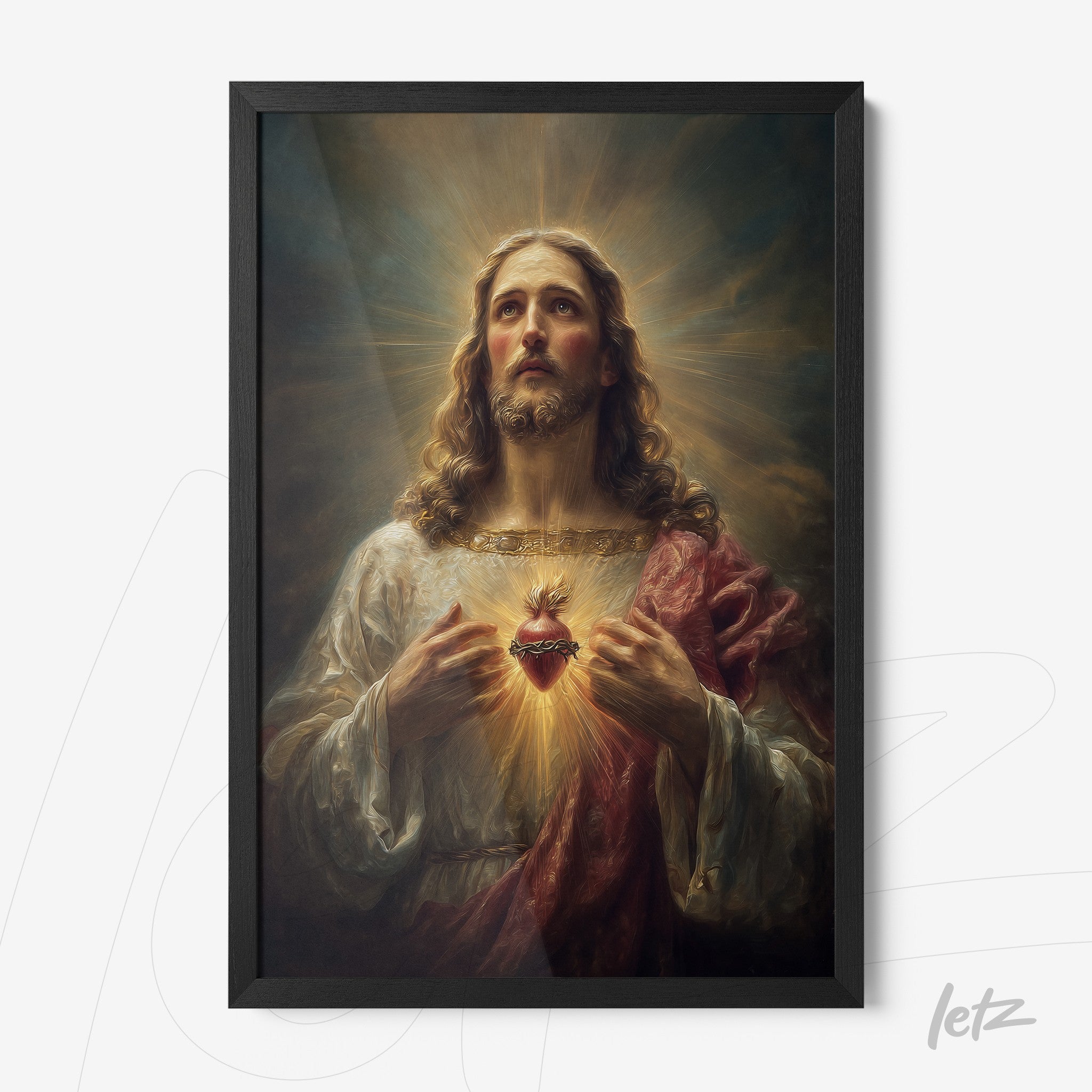 framed artwork of Jesus Christ in classical style featuring a radiant heart with a black frame