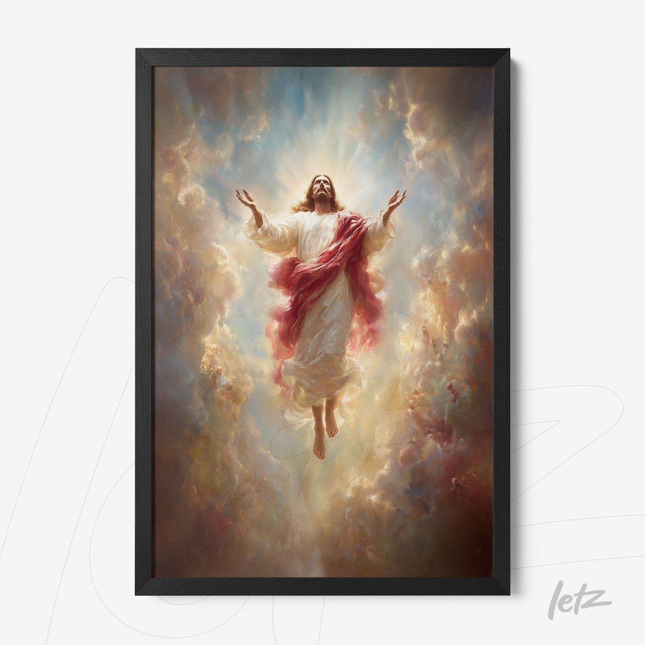 framed religious art of Jesus Christ ascending among clouds with black frame