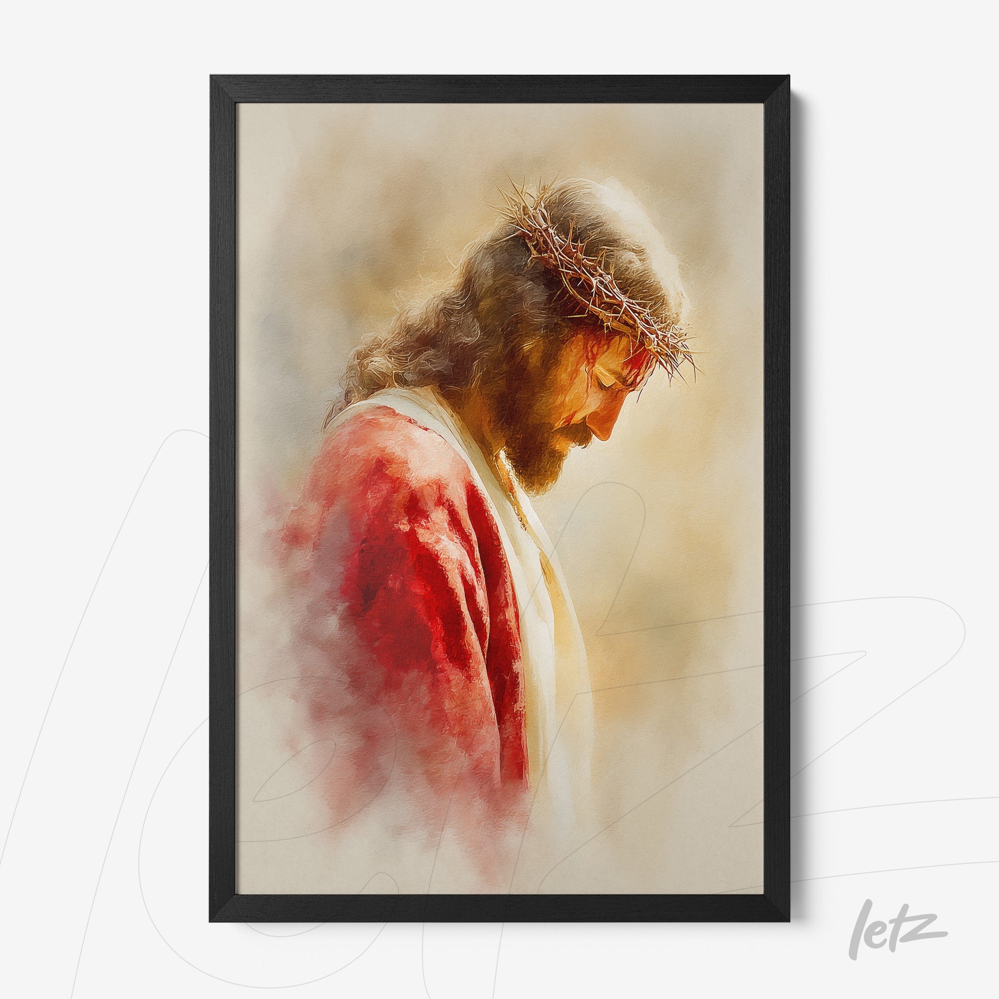 framed artwork of jesus christ in black frame with a soft warm toned background