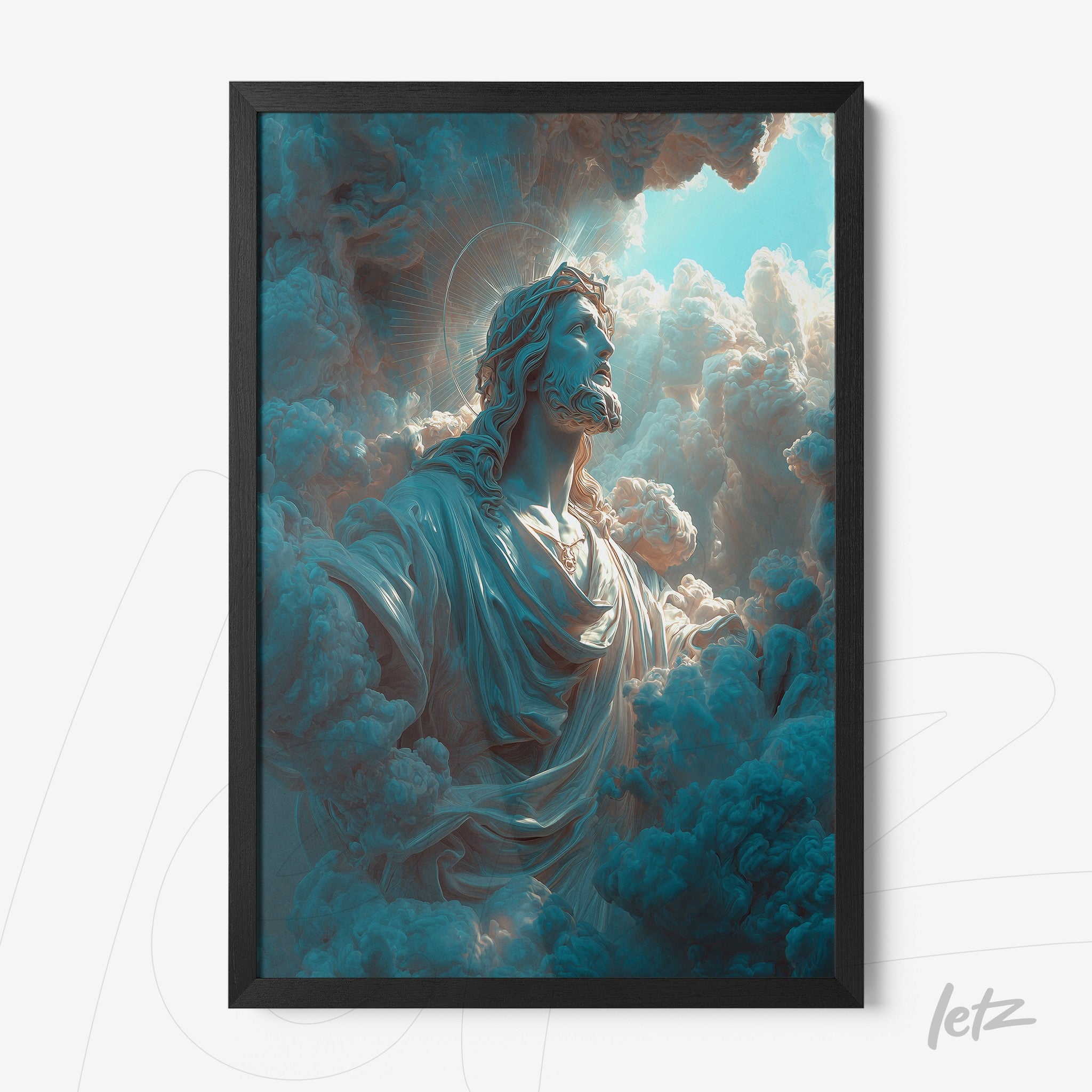 framed wall art depicting jesus in dramatic clouds with a black frame