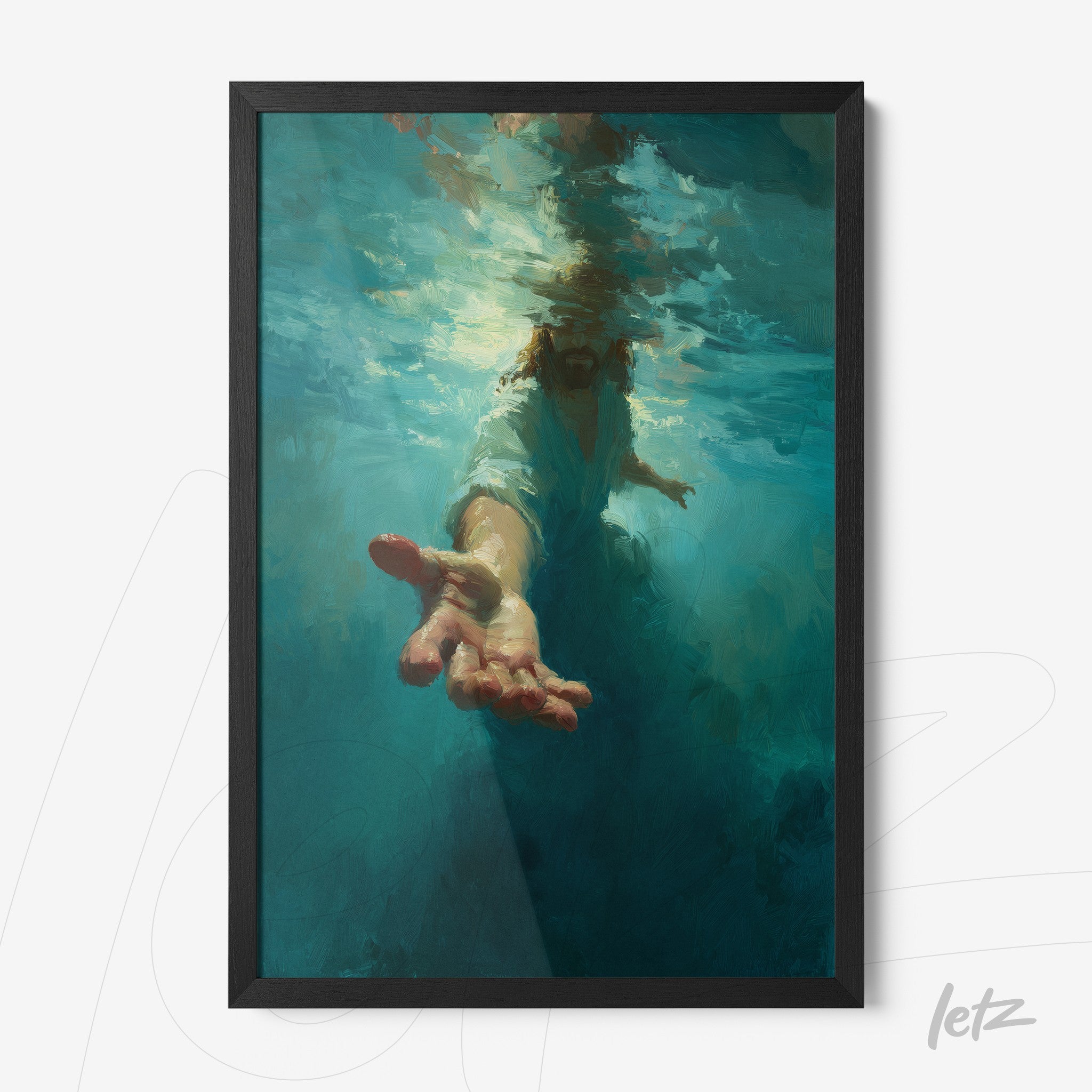 framed impressionist art of a hand emerging from water with a black frame