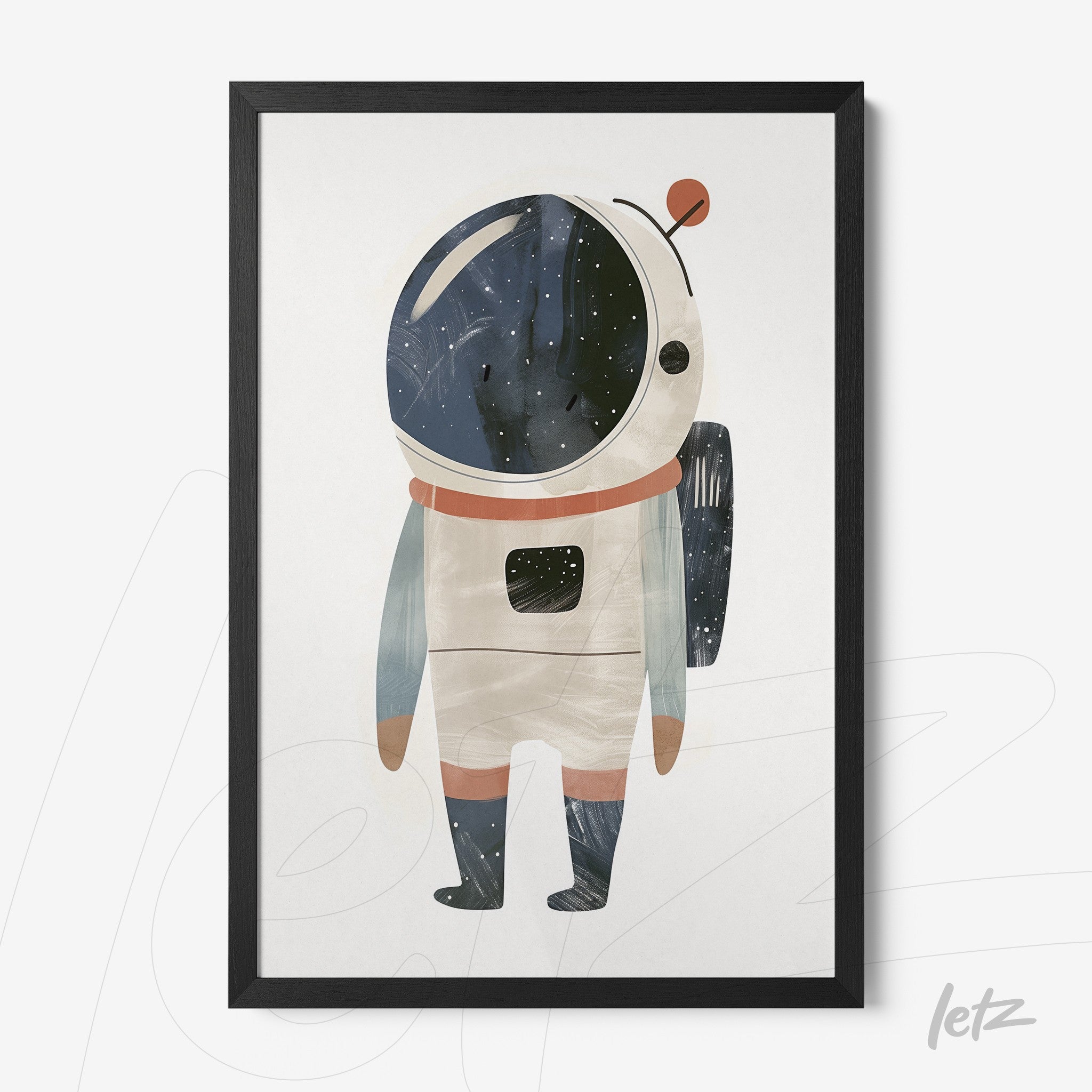 framed artwork featuring a stylized astronaut illustration with a black thin frame