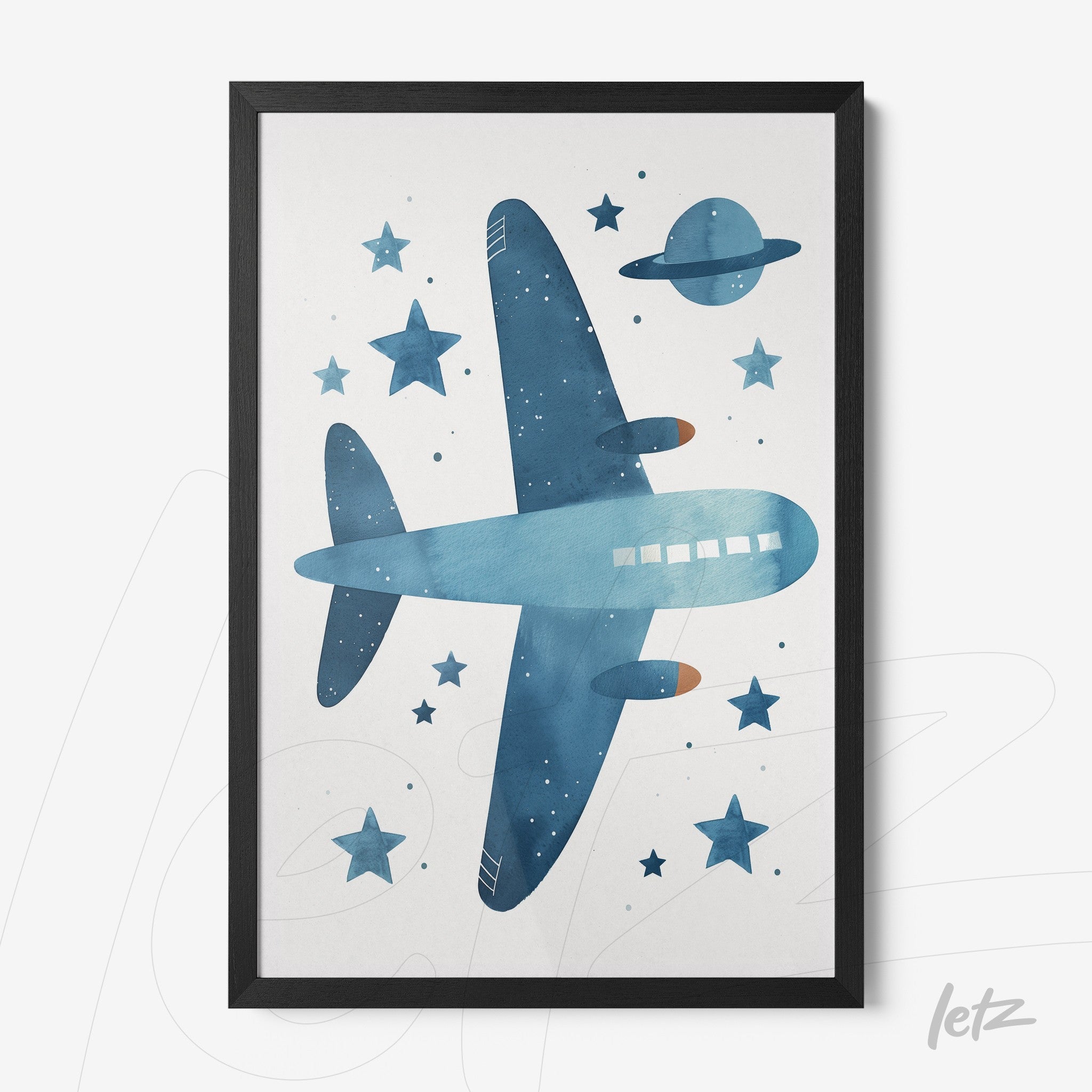 framed watercolor illustration of a blue airplane surrounded by stars and saturn planet
