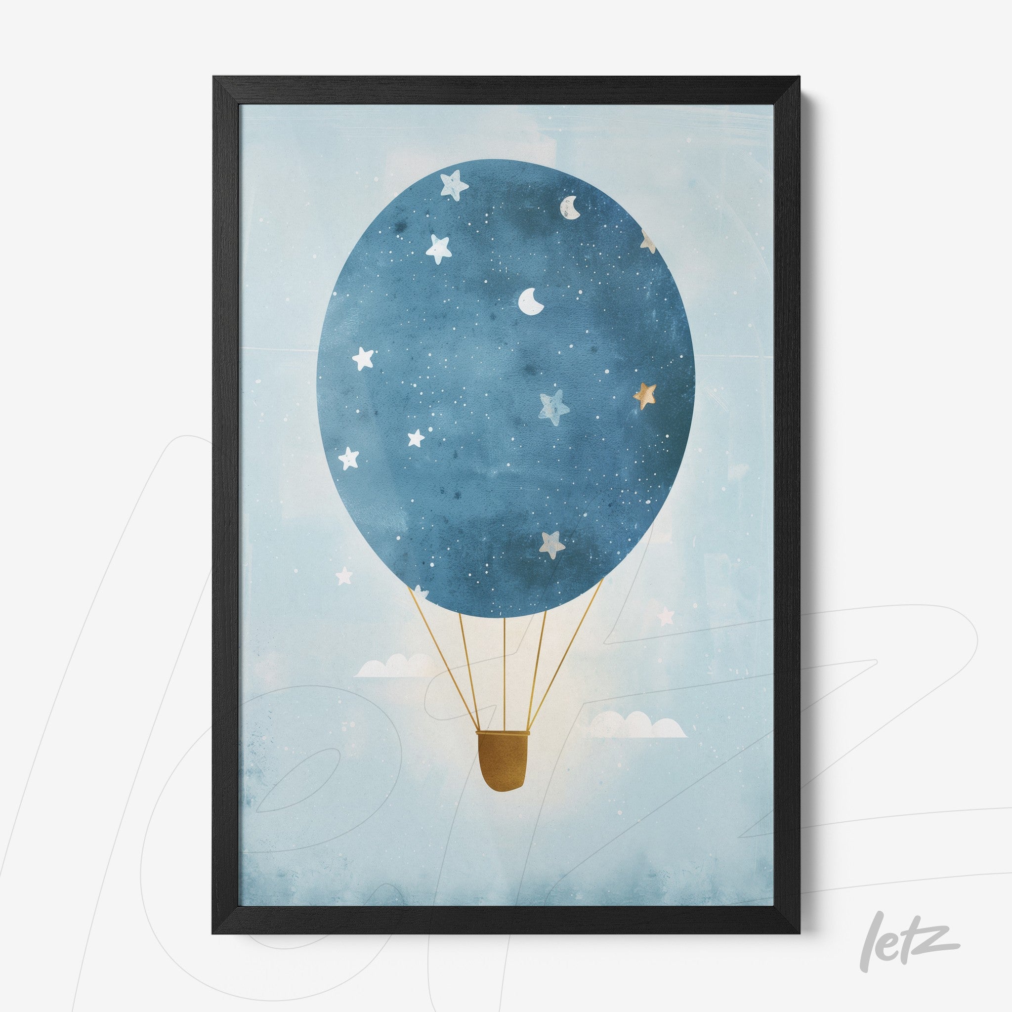 framed art featuring a blue hot air balloon with stars and clouds on a light background