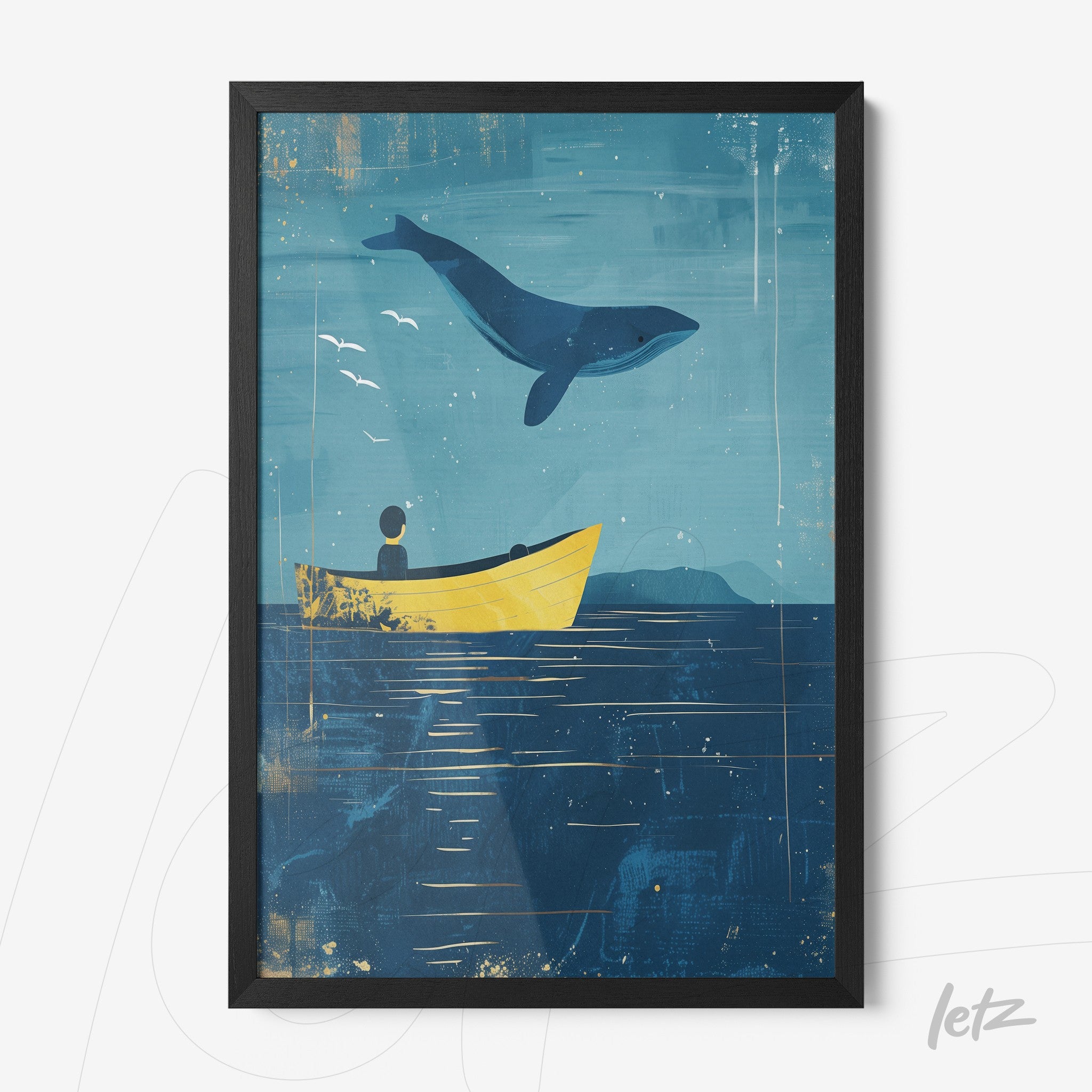 framed illustration of a whale jumping above a yellow boat against a blue background