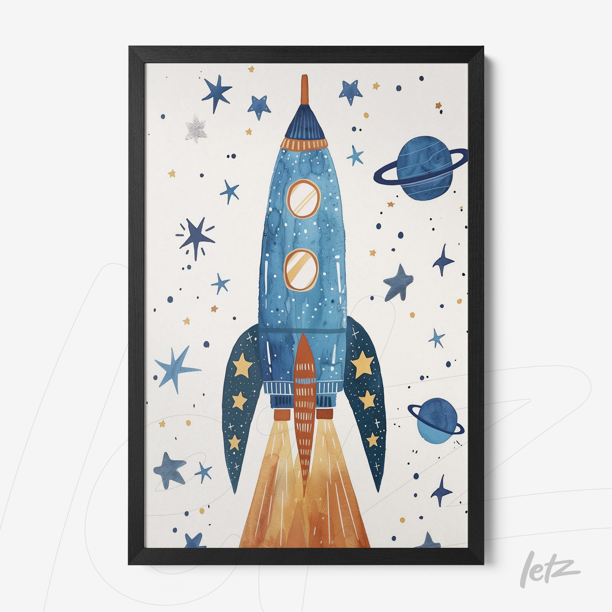 framed wall art featuring a blue rocket in a children’s style, surrounded by stars and planets