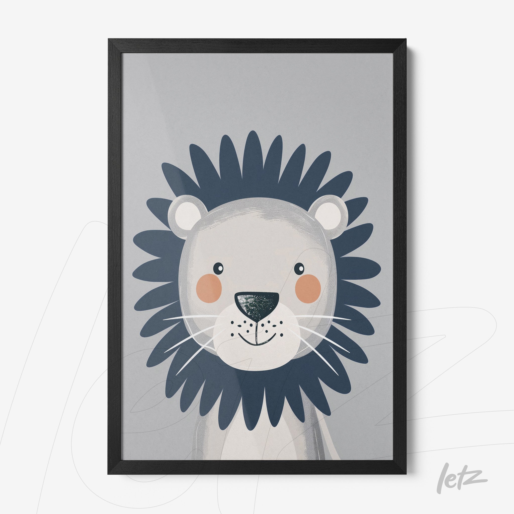 framed children's illustration of a lion with a dark blue mane