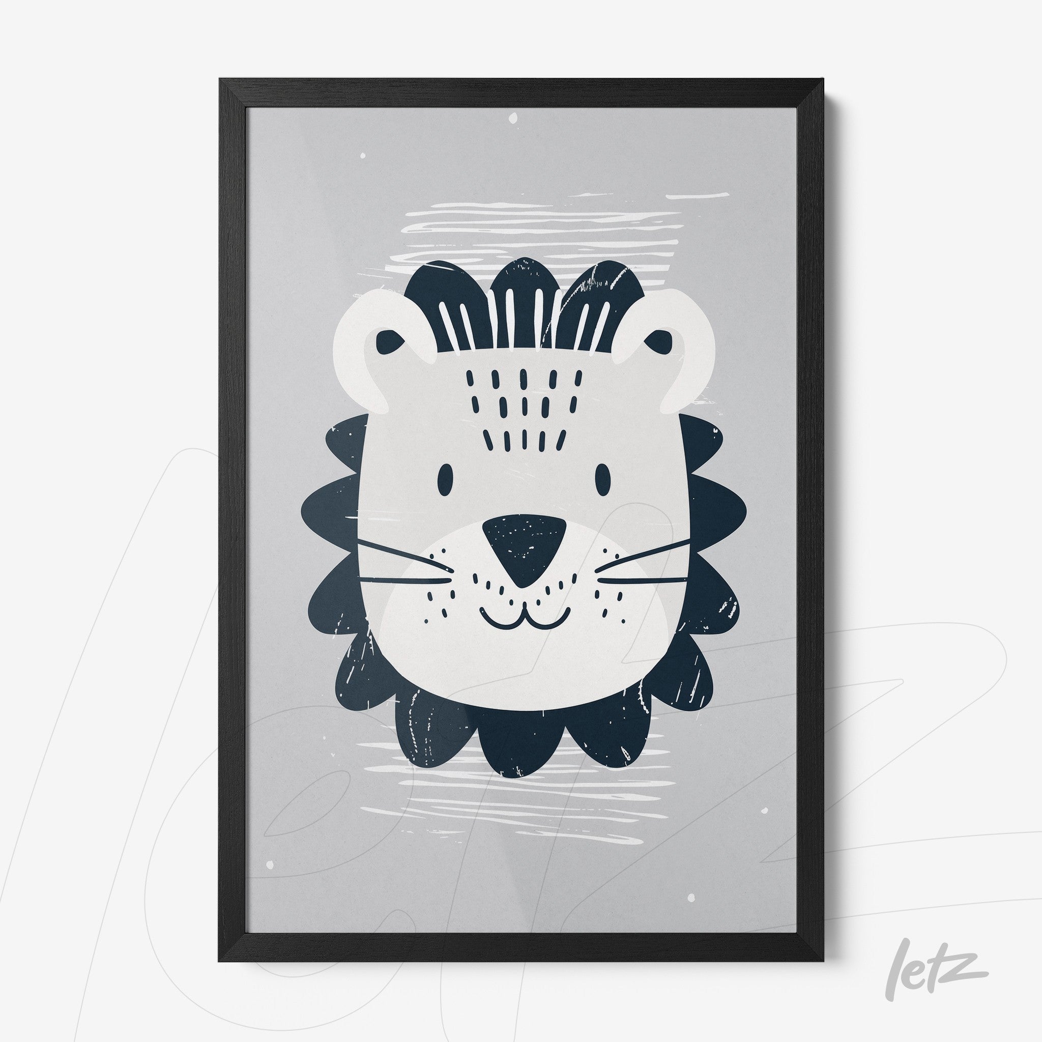 framed illustration of a stylized lion on gray background with black frame