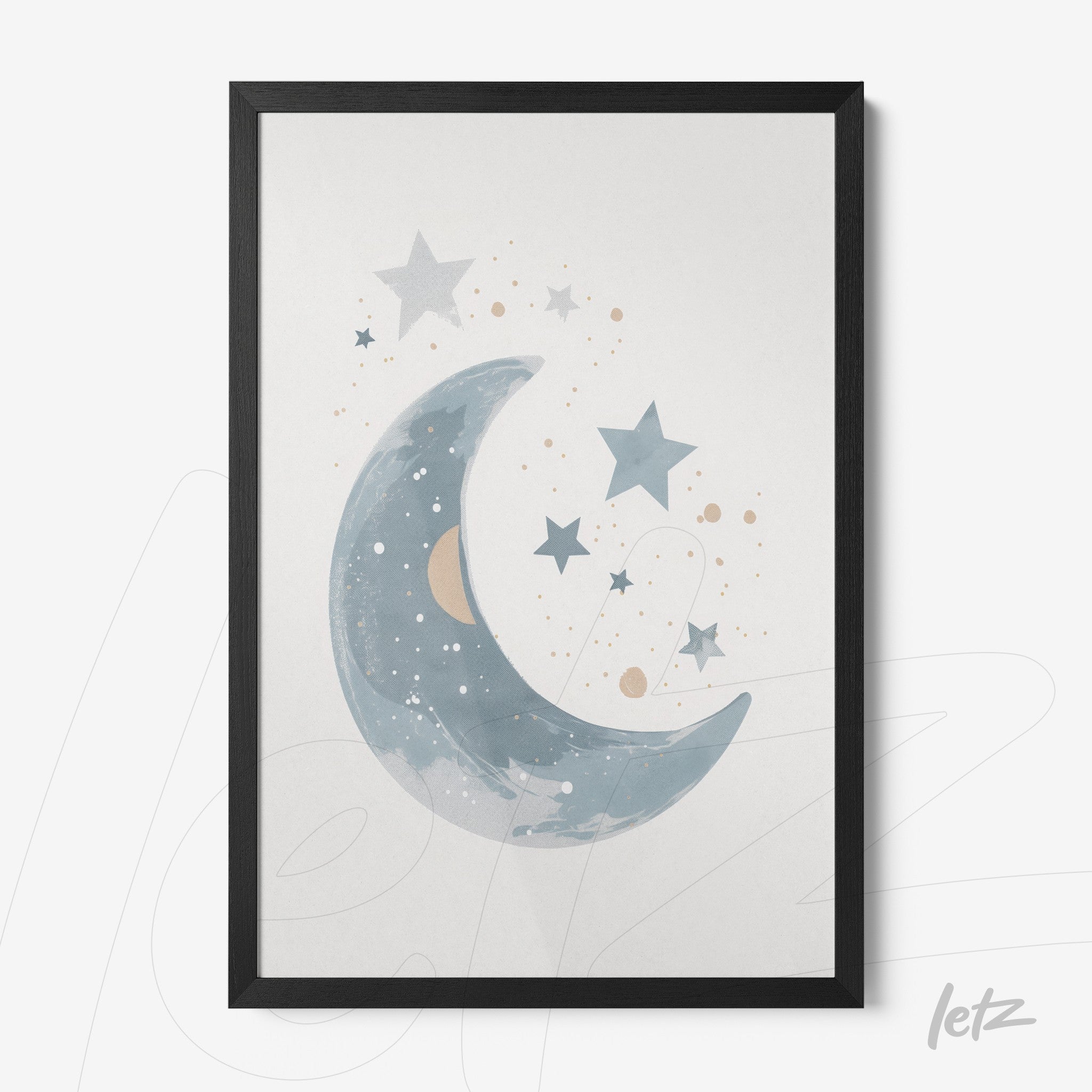 framed artwork featuring a blue moon illustration with stars against a light background