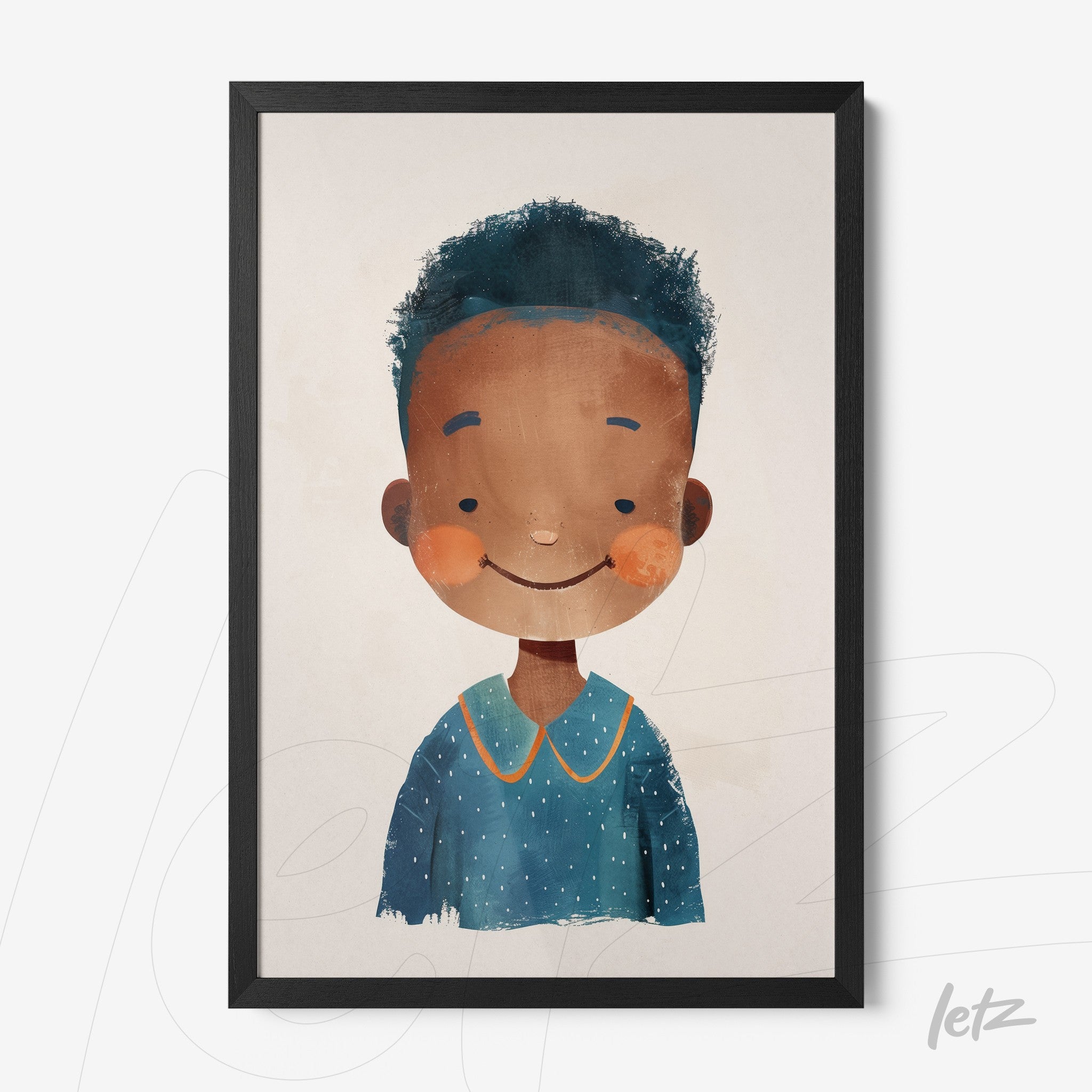 framed children's illustration of a smiling boy with curly hair wearing a blue shirt with orange details