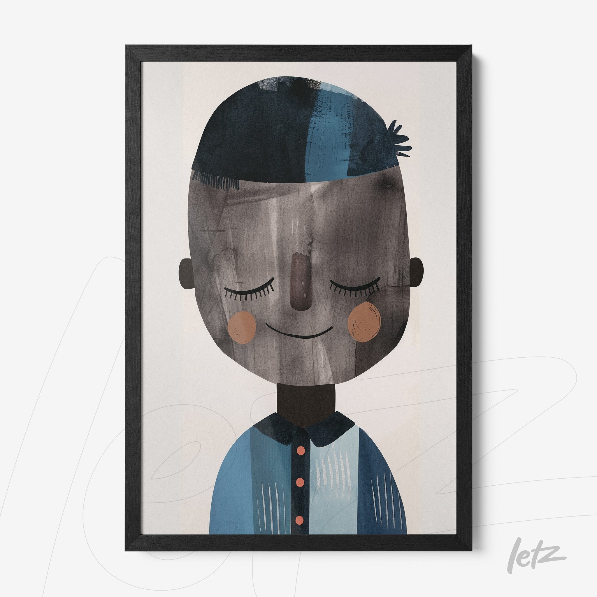 framed artwork of a smiling human figure with gray and blue tones, featuring a black frame