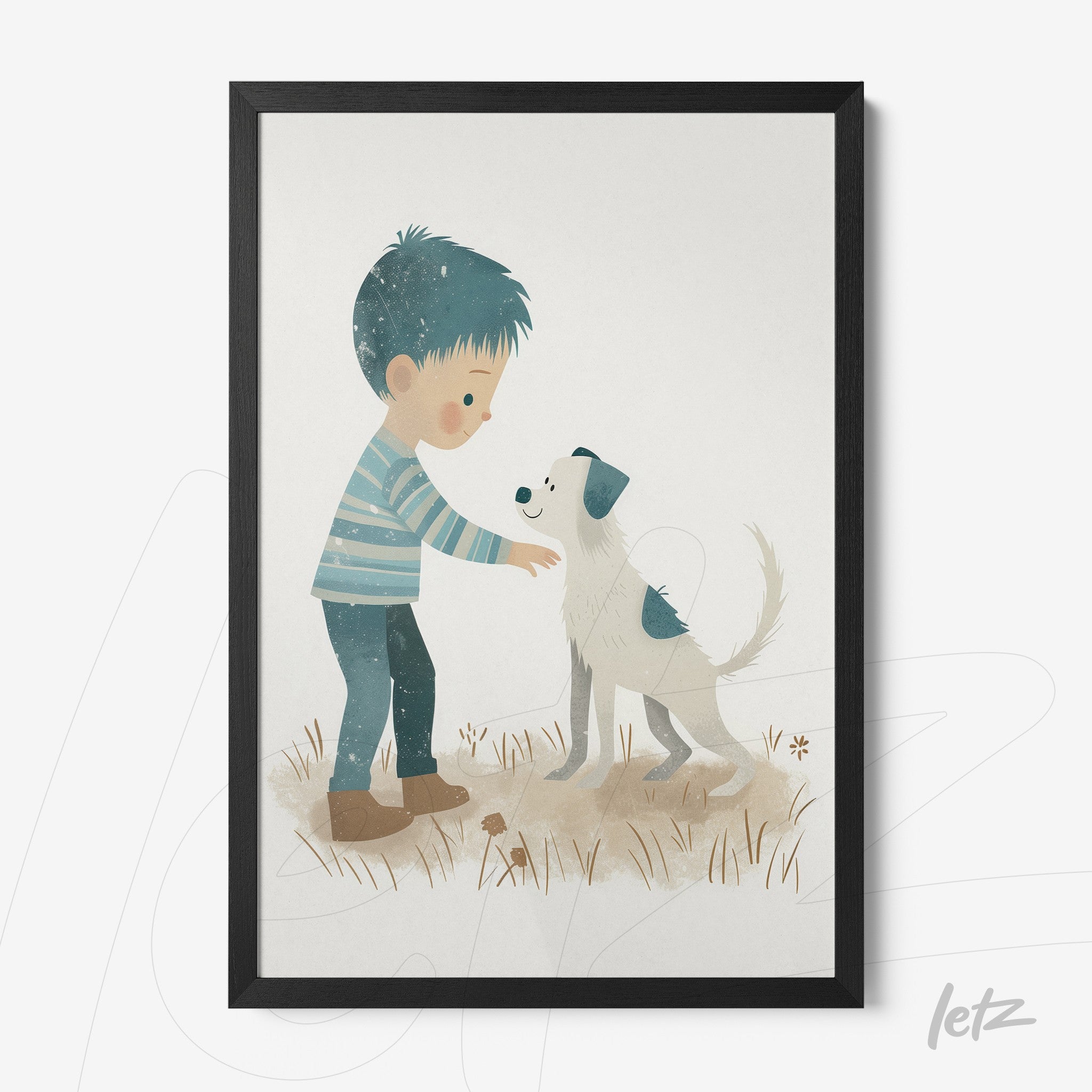 framed artwork of a boy interacting with a dog in a black frame