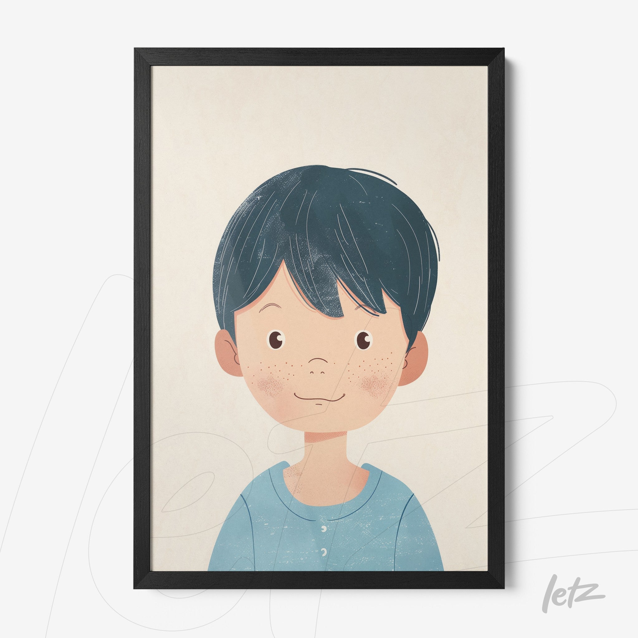 framed artwork of a smiling boy with black frame and light neutral background