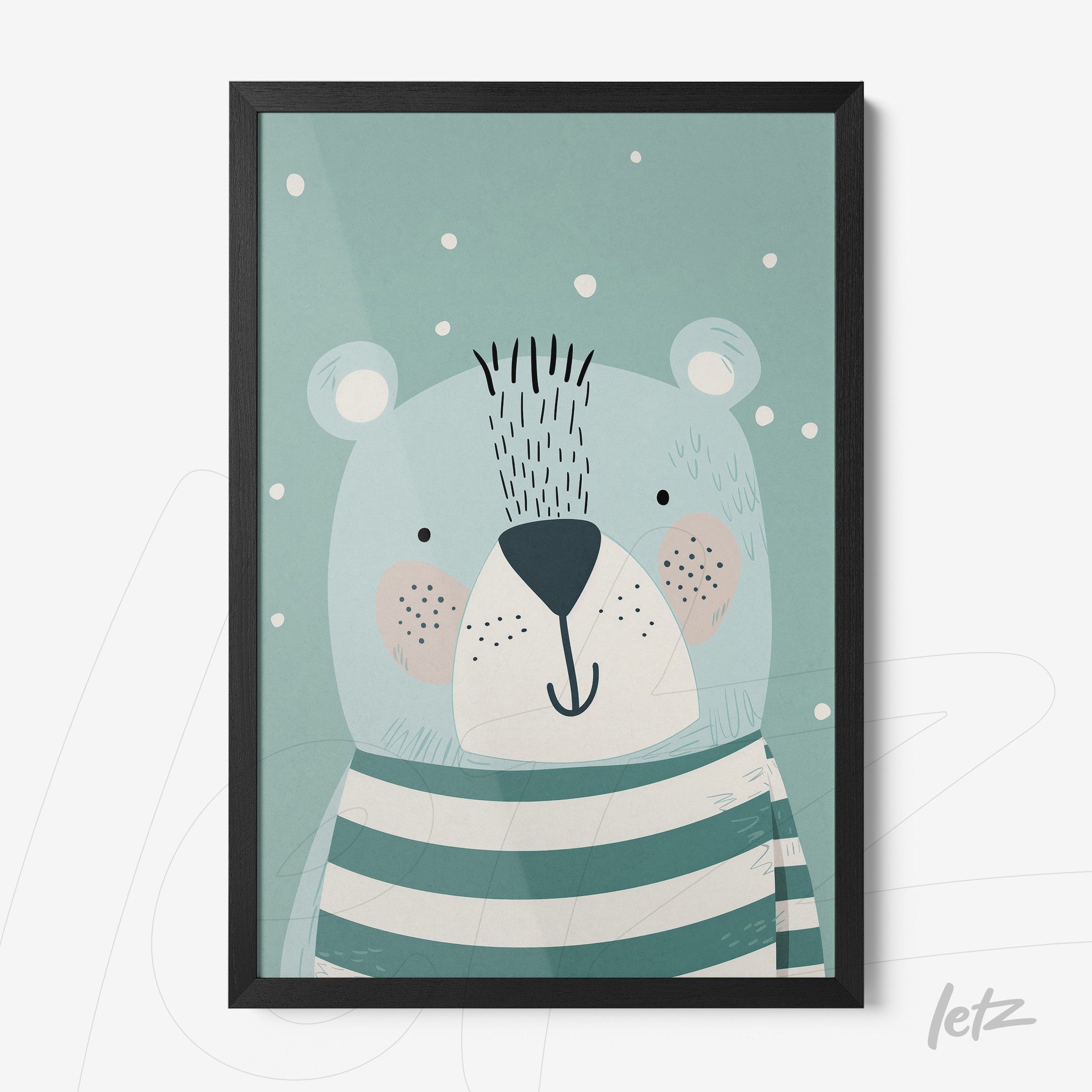 framed illustration of a playful bear in light blue background with white dots and black frame
