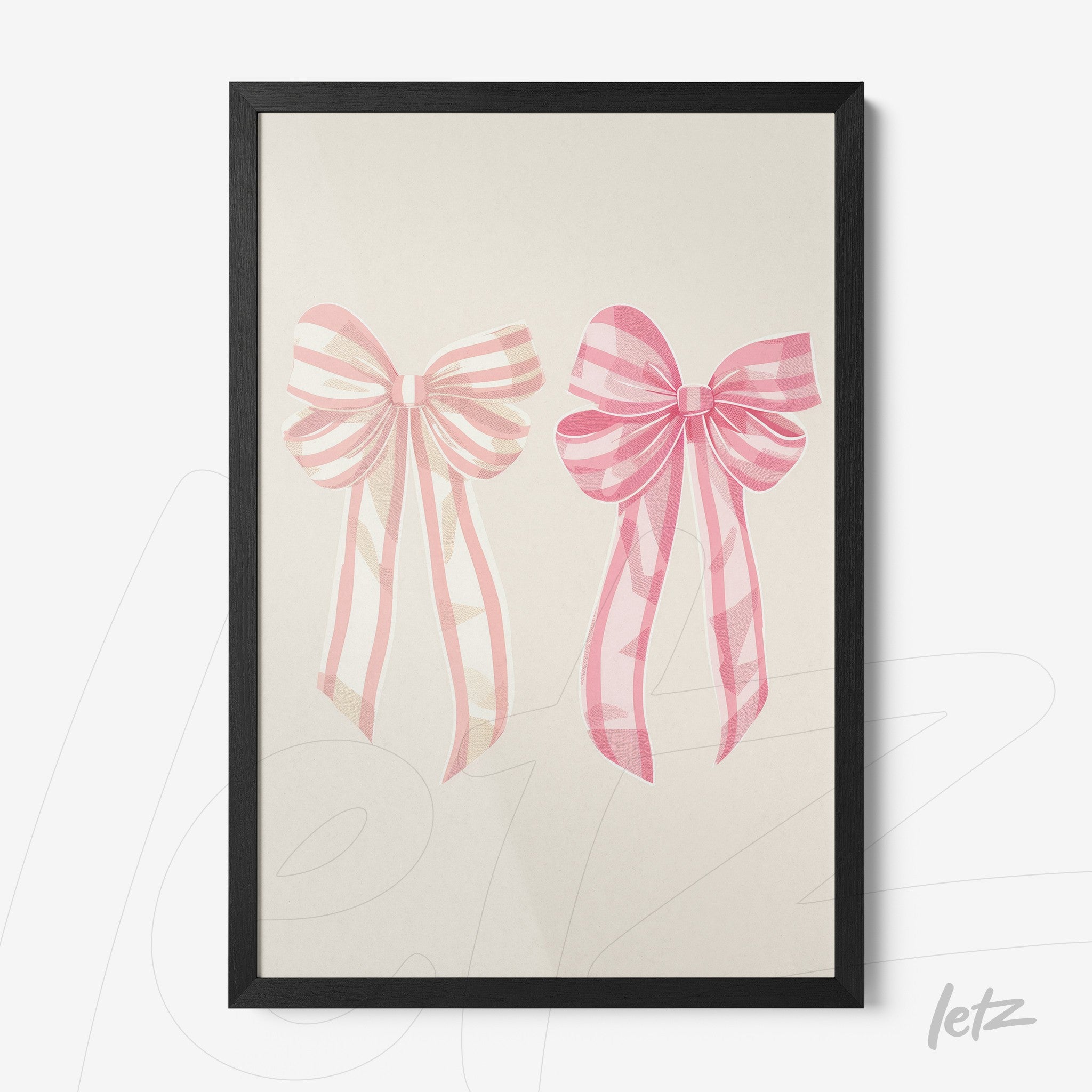 framed artwork featuring stylized pink bows with ribbon details