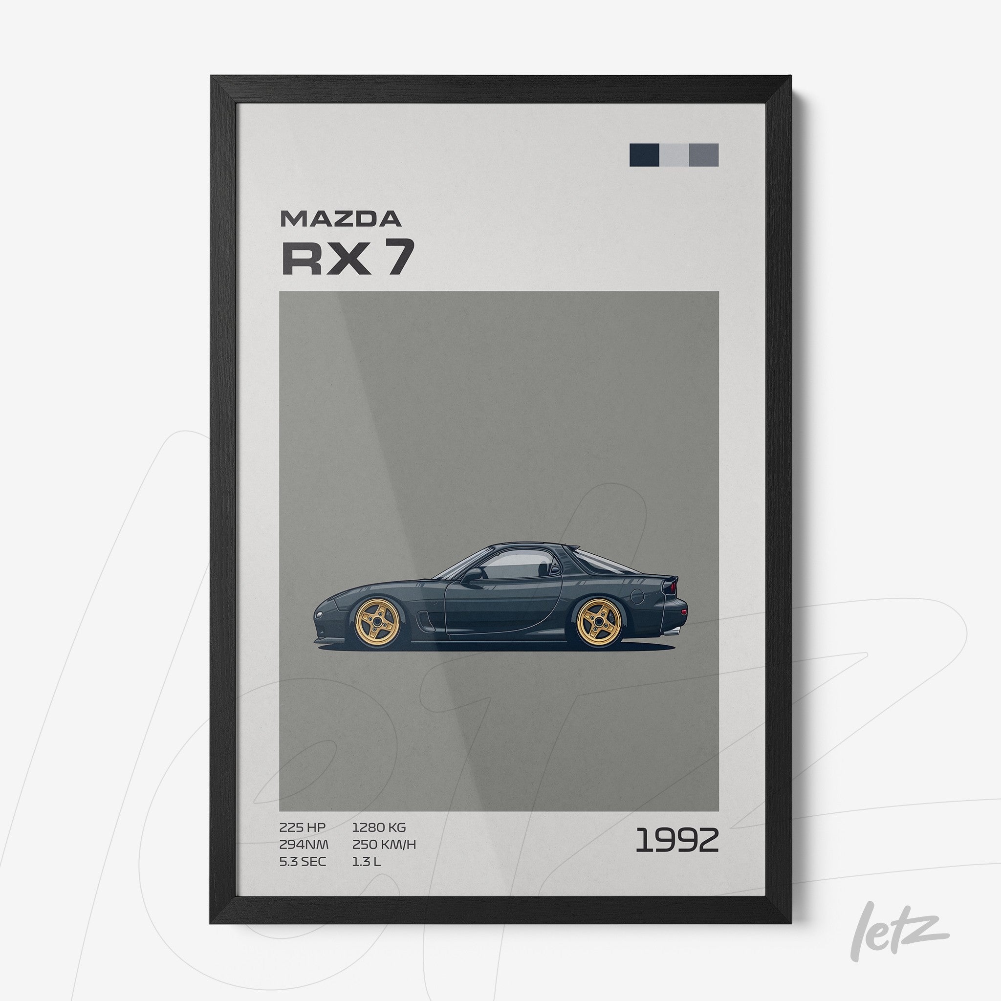 framed digital art of a 1992 Mazda RX-7 with a black frame