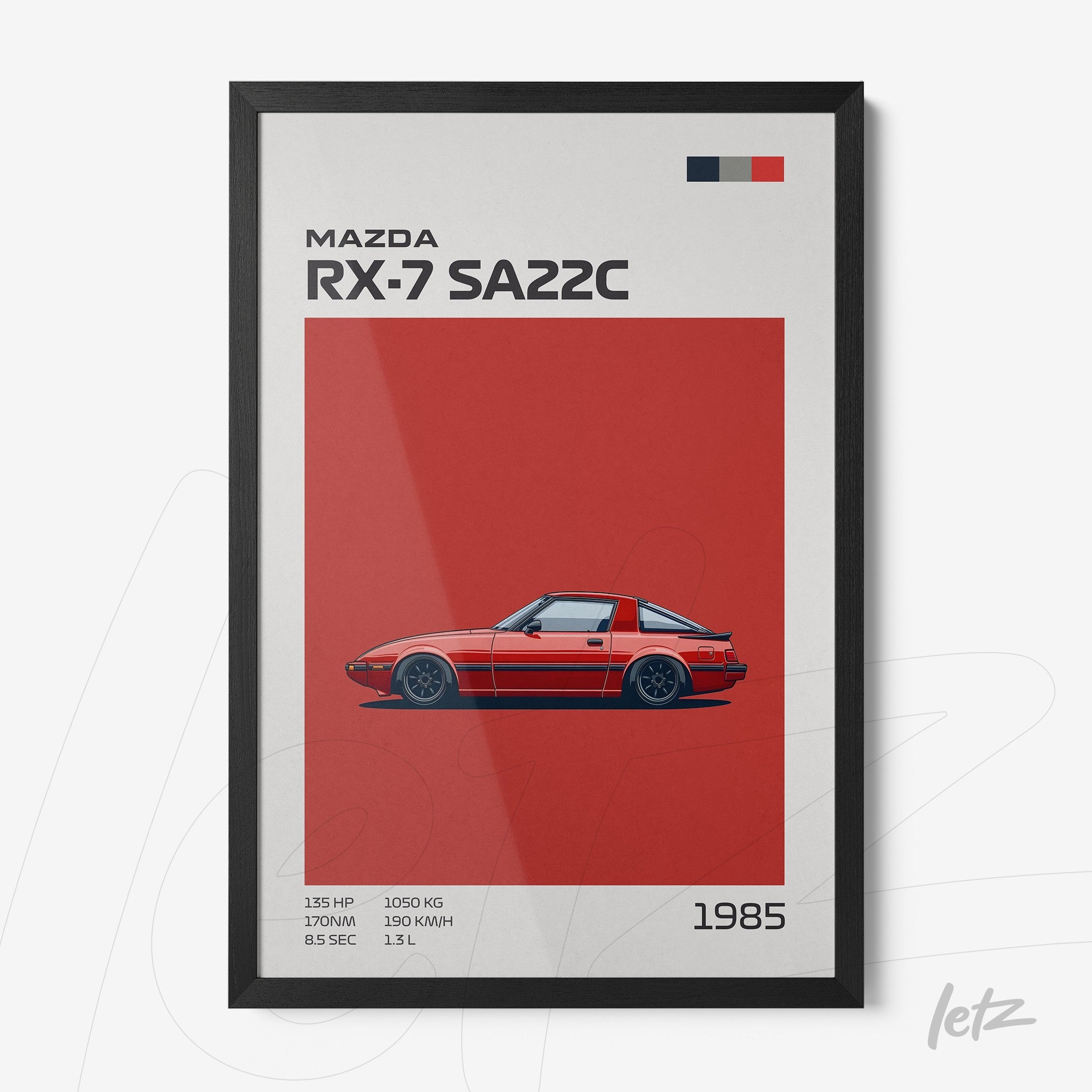 framed illustration of Mazda RX-7 SA22C against a red background with black frame