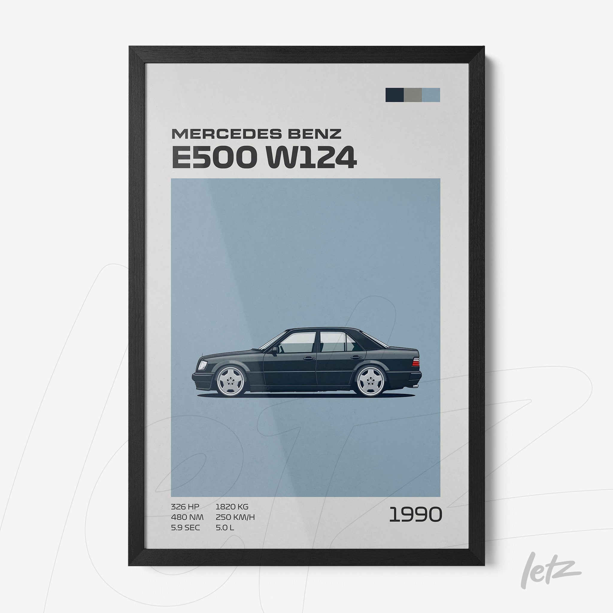 framed illustration of the Mercedes Benz E500 W124 in a black frame