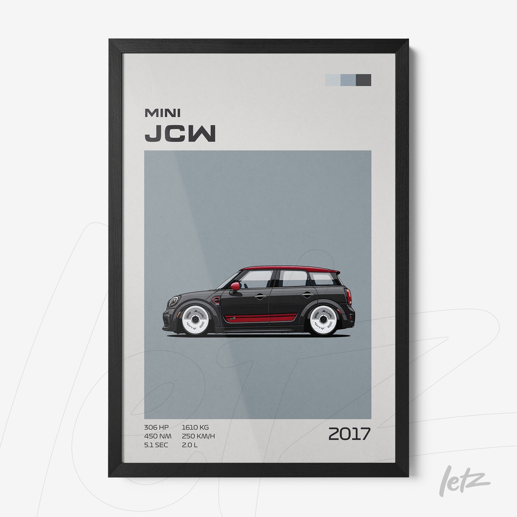 framed wall art featuring a minimalist illustration of a 2017 Mini JCW car in black frame