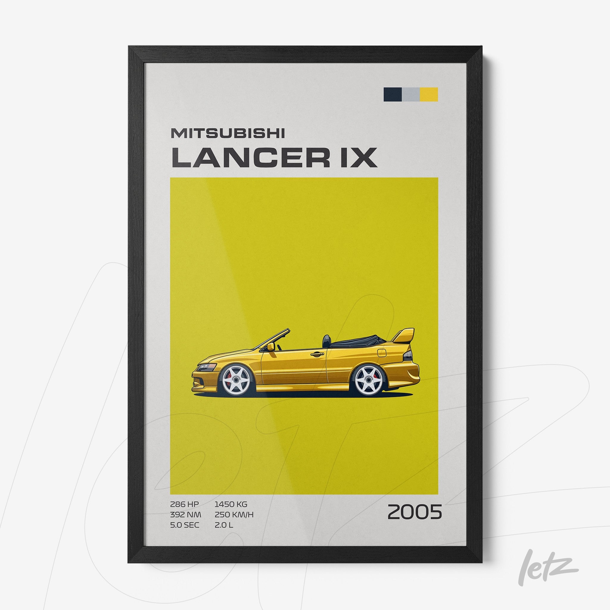 framed minimalist art of a Mitsubishi Lancer IX with bright yellow background and black frame