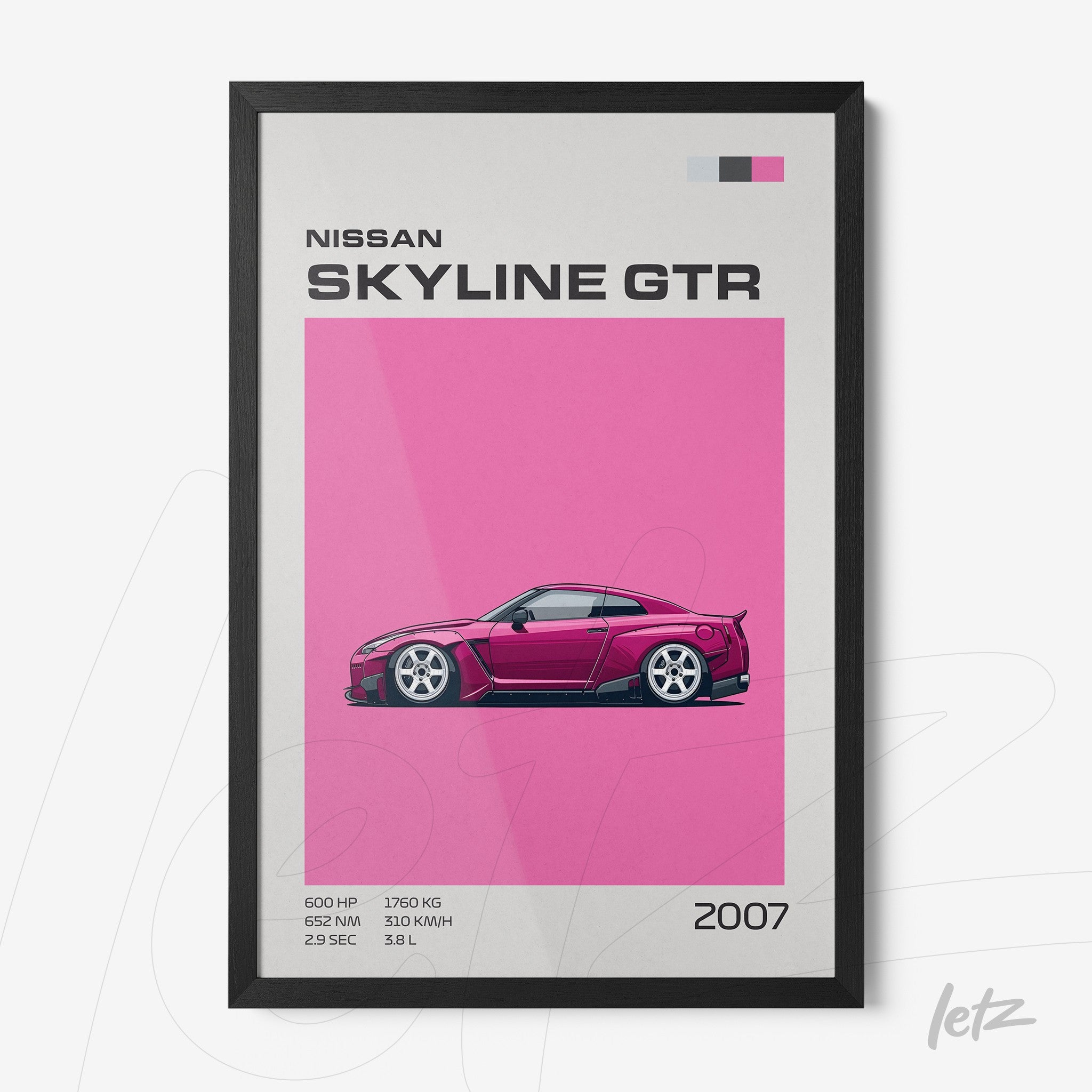 framed wall art featuring a digital illustration of Nissan Skyline GTR on a pink background with a black frame