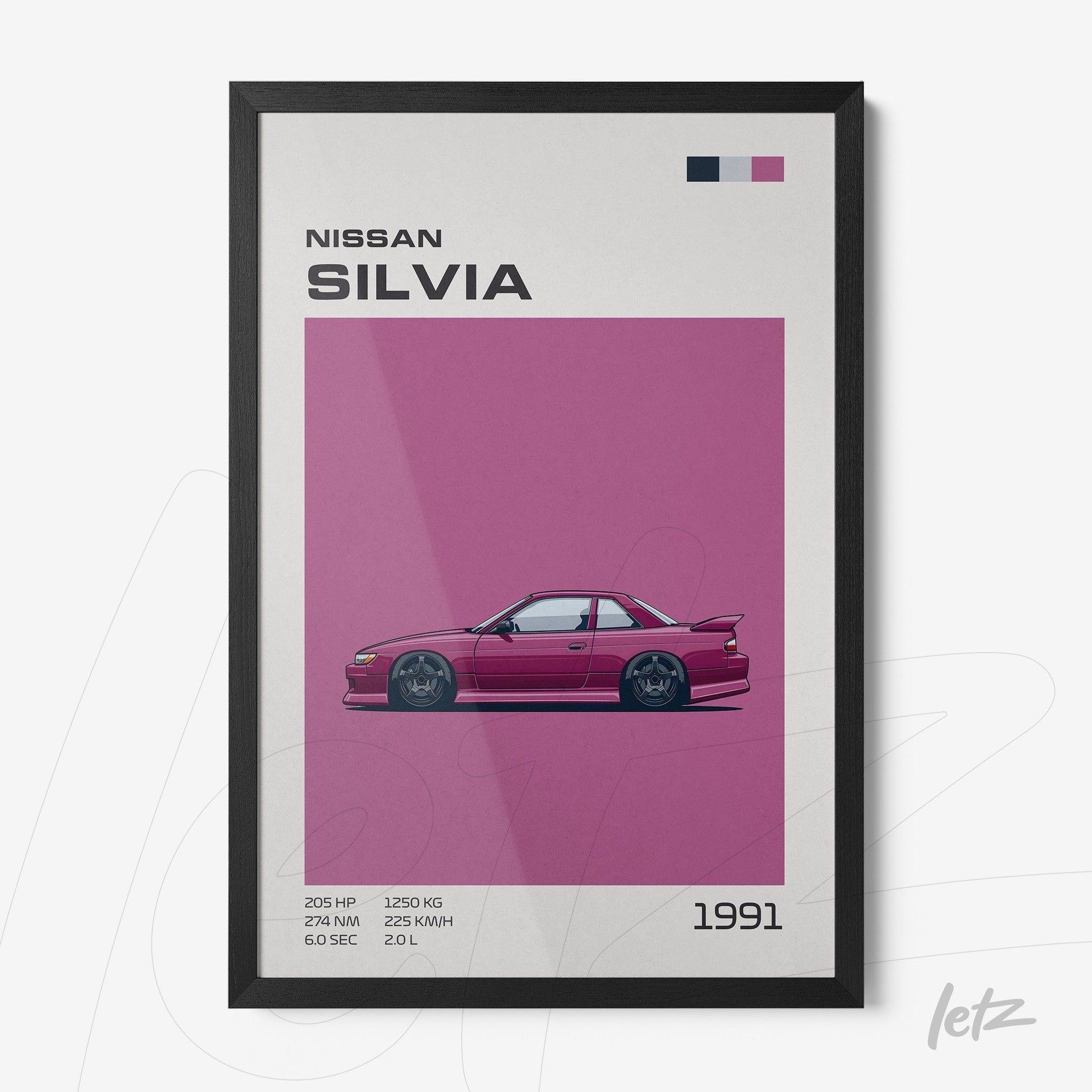 framed digital art of the 1991 Nissan Silvia with a black frame