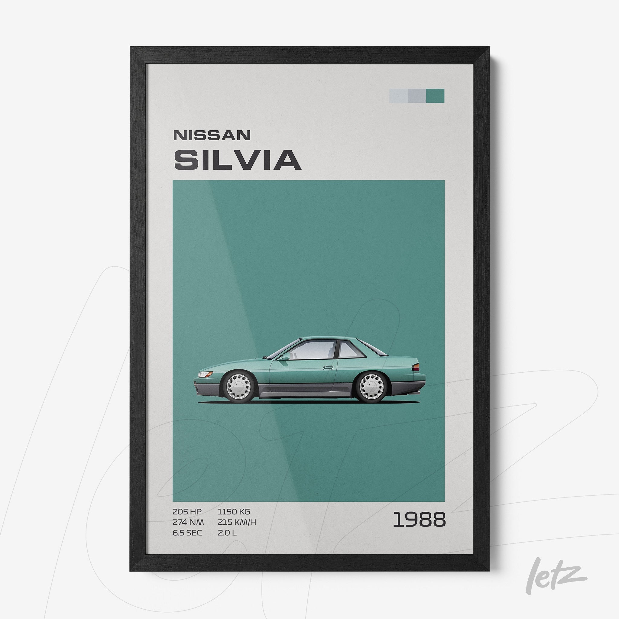 minimalist framed art of a 1988 Nissan Silvia with a black frame