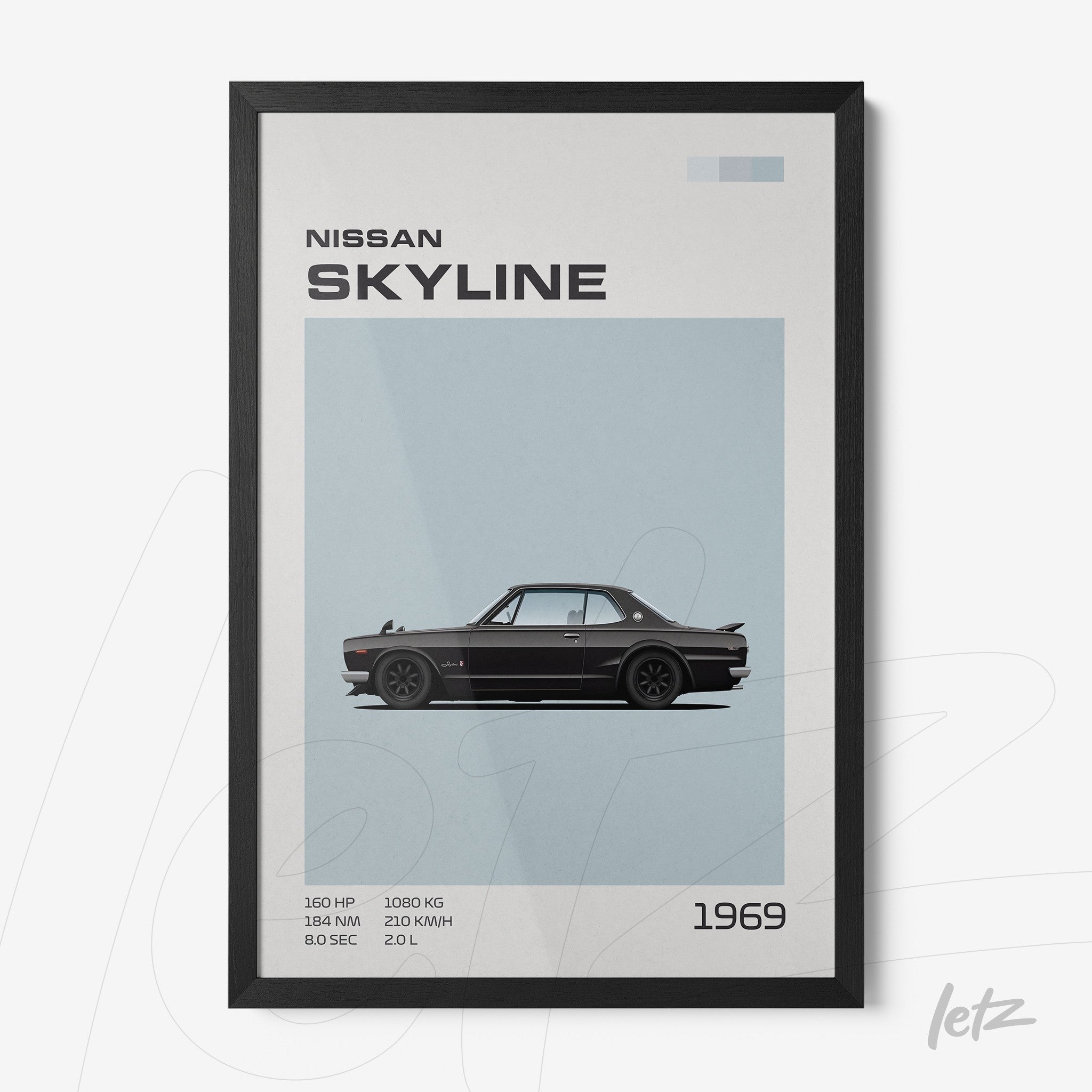 framed wall art featuring a minimalist illustration of the 1969 Nissan Skyline with a black frame and light blue background