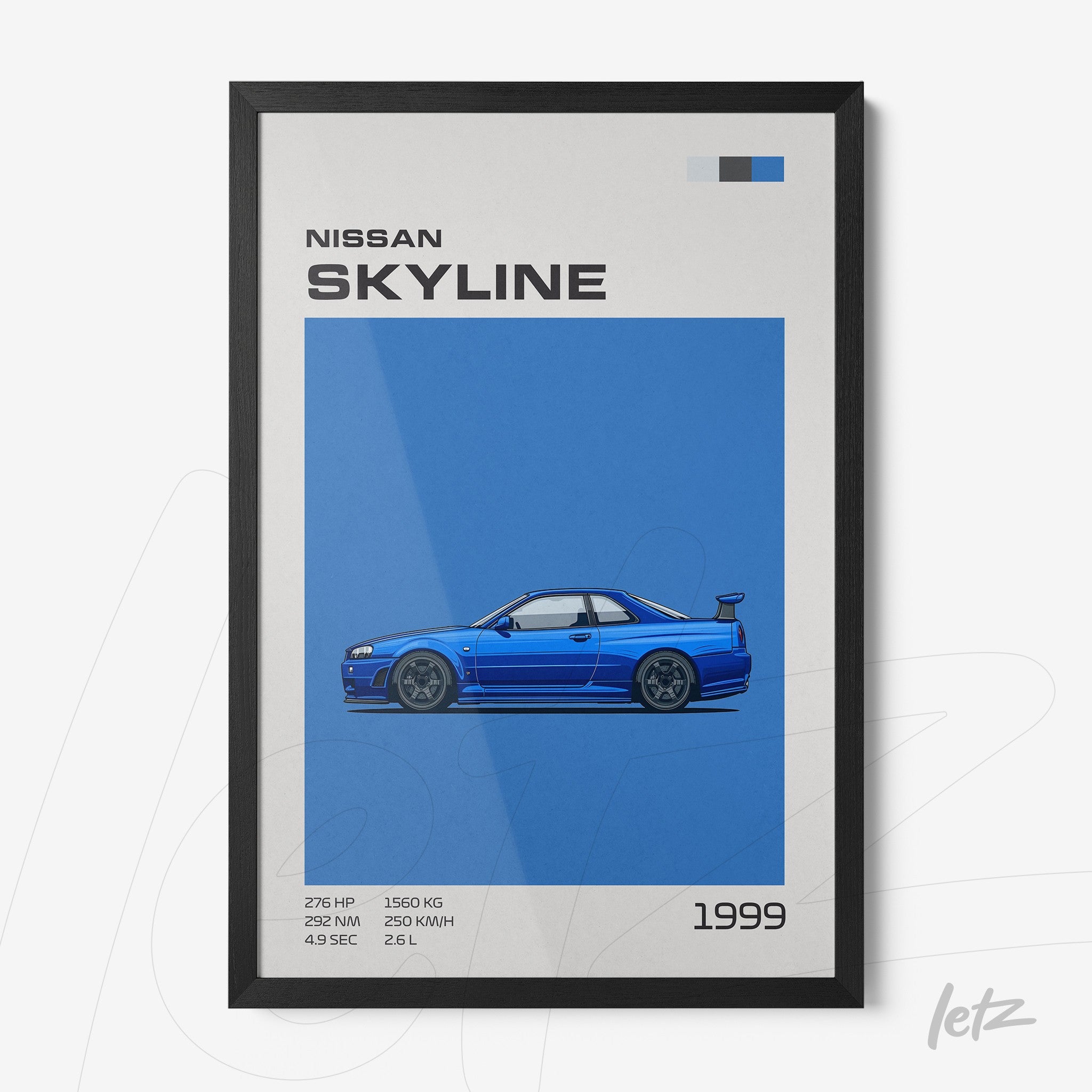 framed art featuring a stylized illustration of the 1999 Nissan Skyline with a blue background and black frame