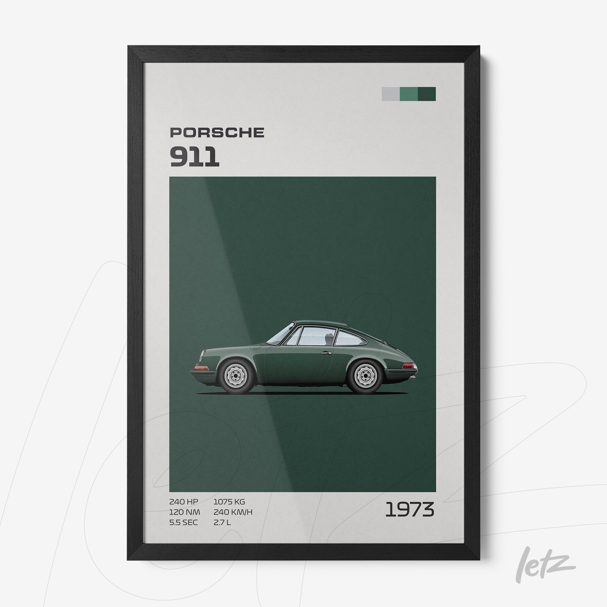 framed retro art of green Porsche 911 car against dark green background